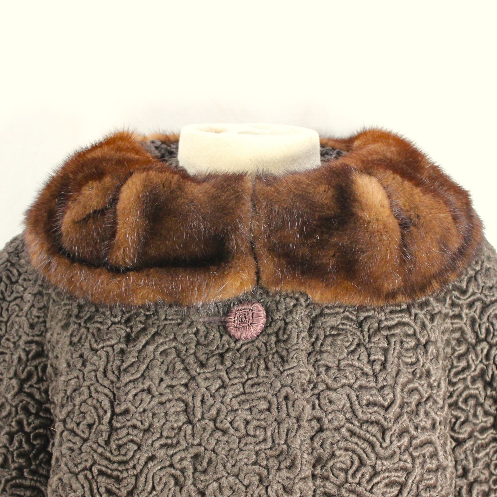 Vtg 50s Sportowne Astrakin Faux Curly Lamb Swing Coat Real Mink Collar Sz M