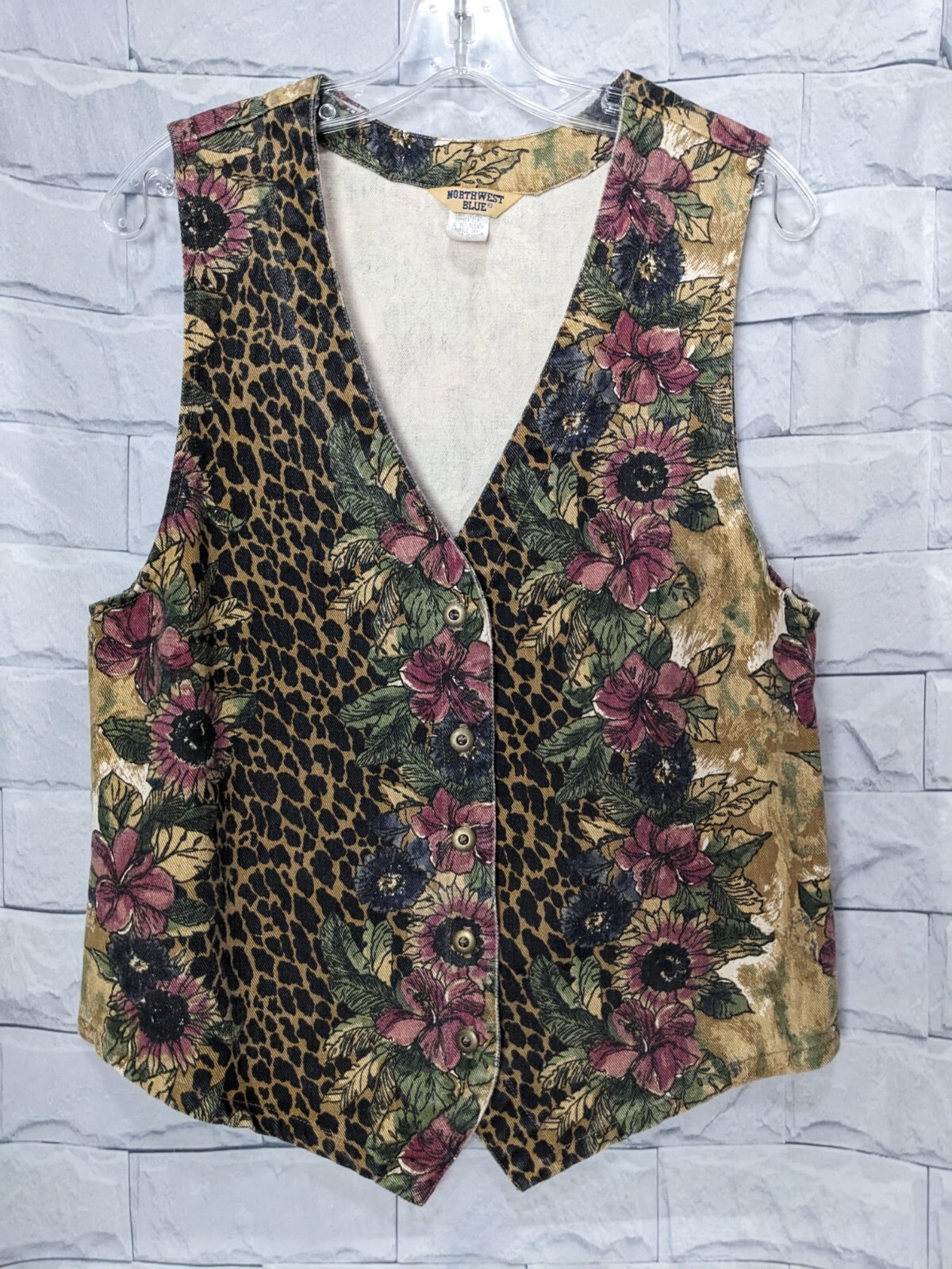Northwest Blue Women’s Leopard Floral Denim Vintage Button Front Jean Vest Sz S