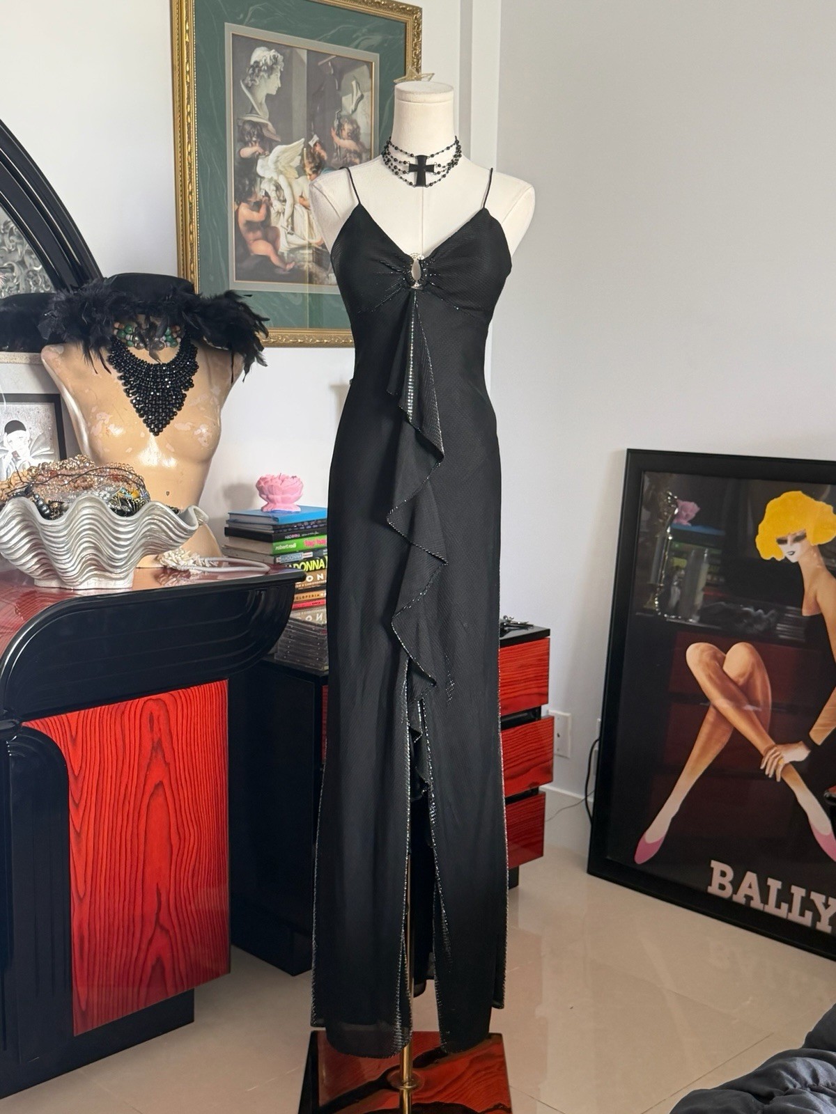 Vintage Cache Black Rhinestone Ruffle Evening Gown Maxi Dress Size 4 USA