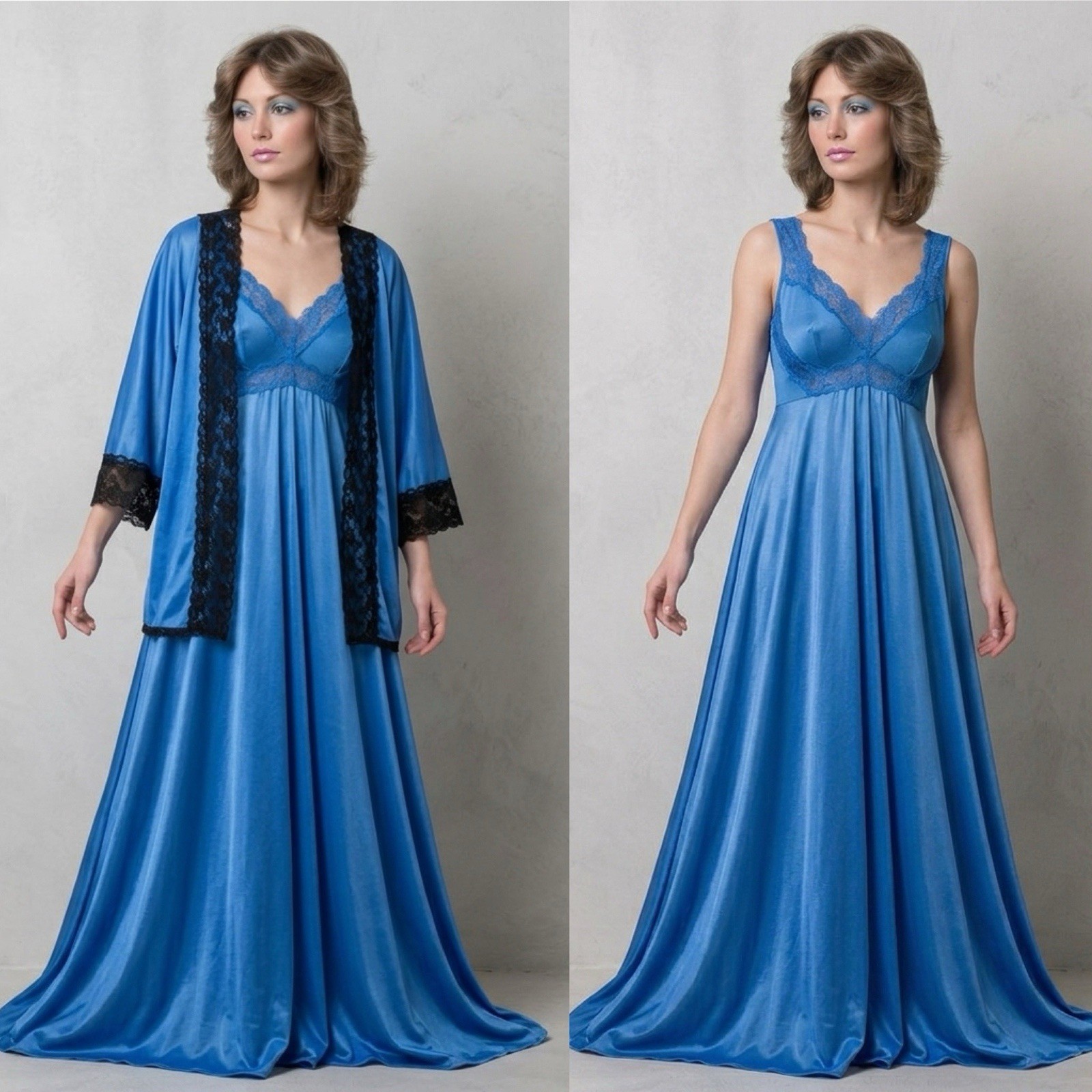 Vintage 1970s Lady Cameo Dallas Blue Nylon Lingerie Set Gown & Lace Cover-Up Top