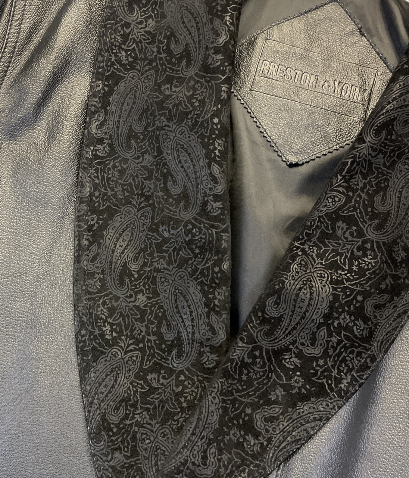 Vtg 80s Preston & York Leather Coat sz PL Black Embossed Paisley Suede Modern