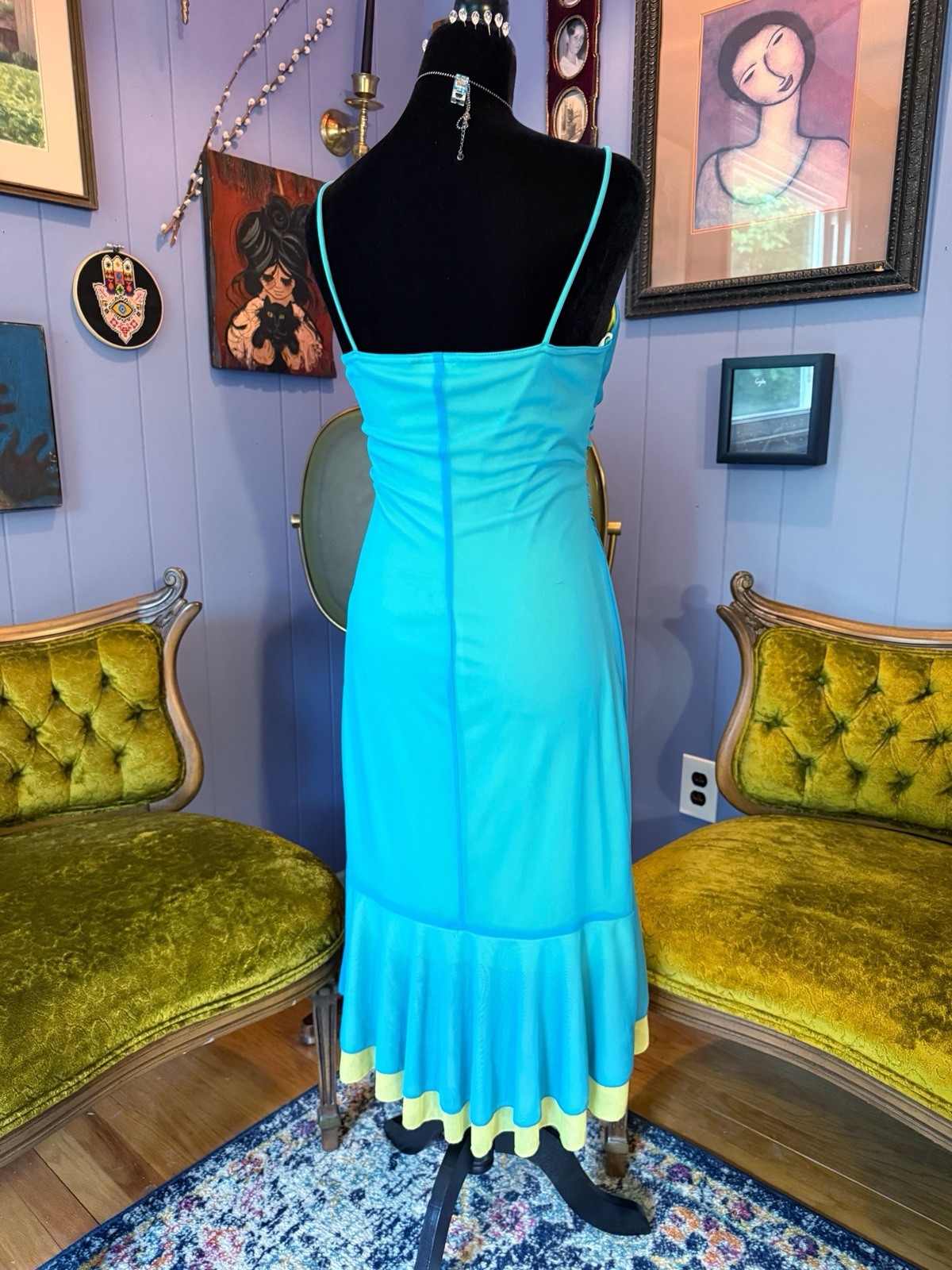 Vtg Y2K City Triangles Turquoise And Green Asymmetrical Spaghetti Strap Dress L