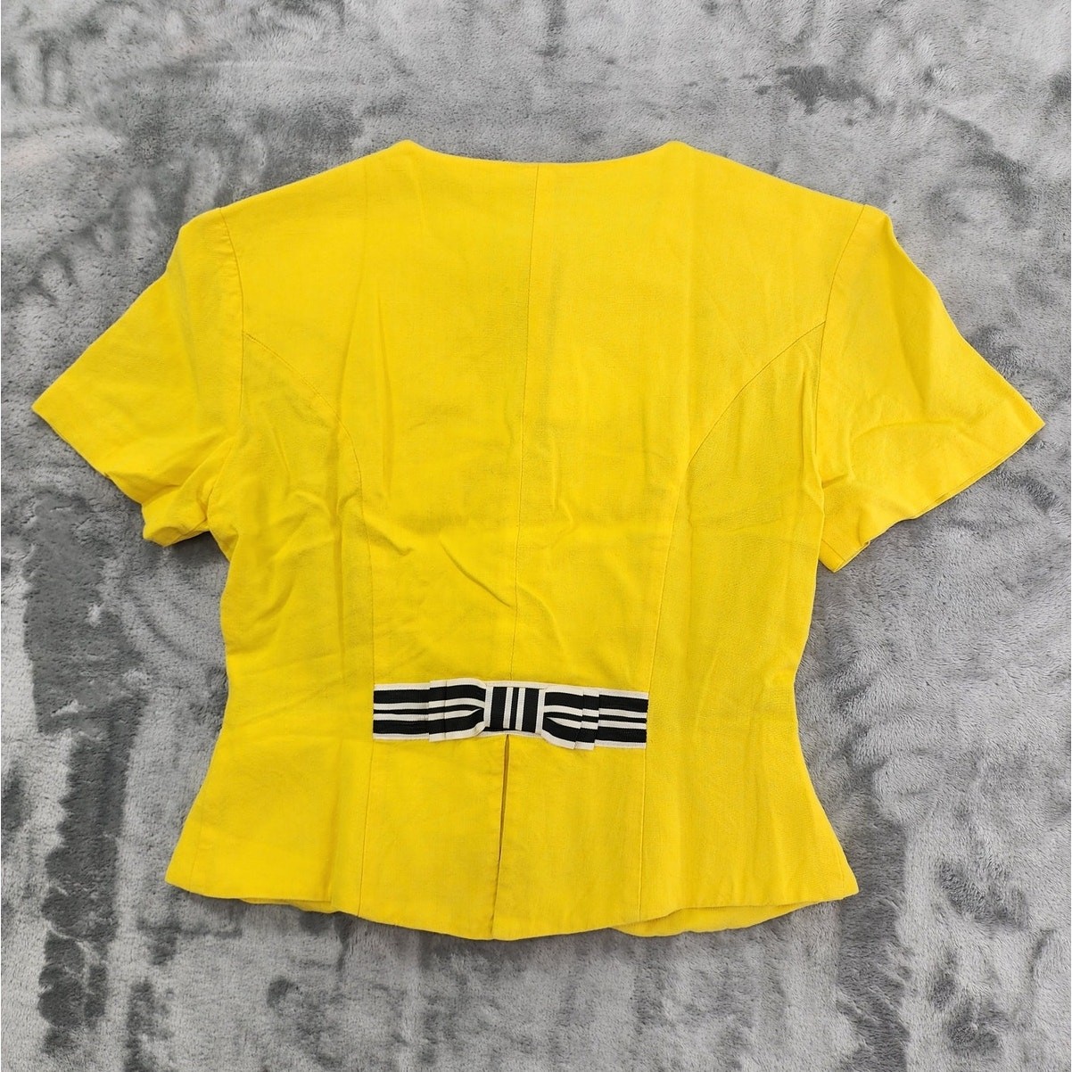 Vintage 70s Leslie Lucks Top Womens 4 Yellow Black Collarless Blazer Buttons Bow