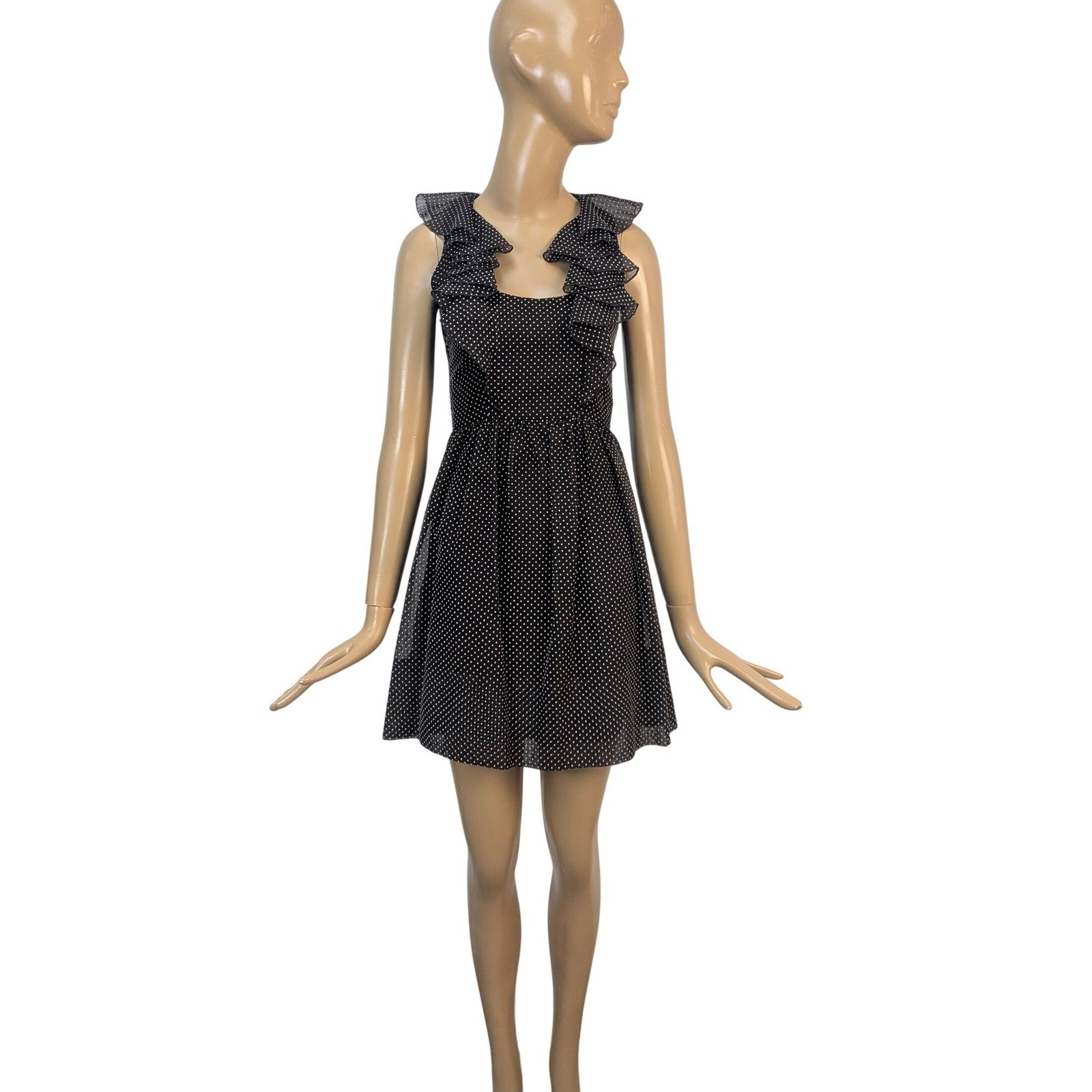Vintage 60s Rodrigues Chocolate Brown Mod Polka Dot Ruffle Neck A-Line MiniDress