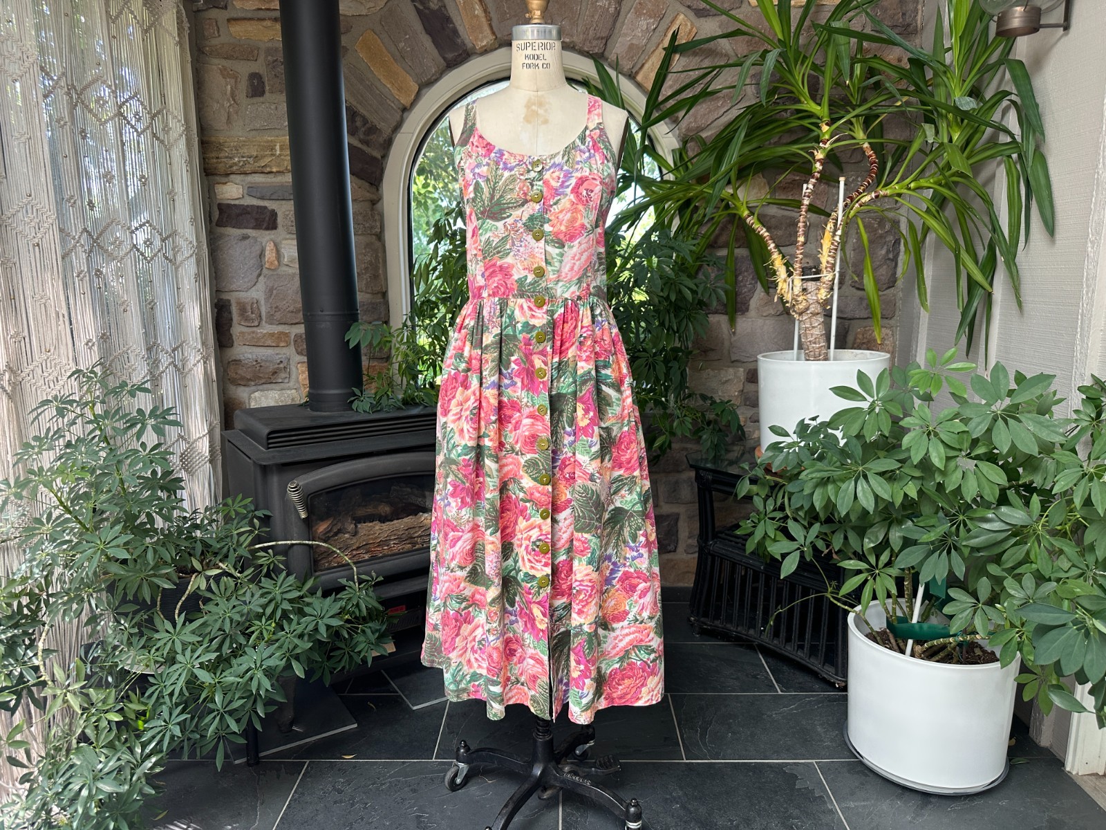 Vintage 1990s Starina Floral Button Front Cotton Cottagecore Midi