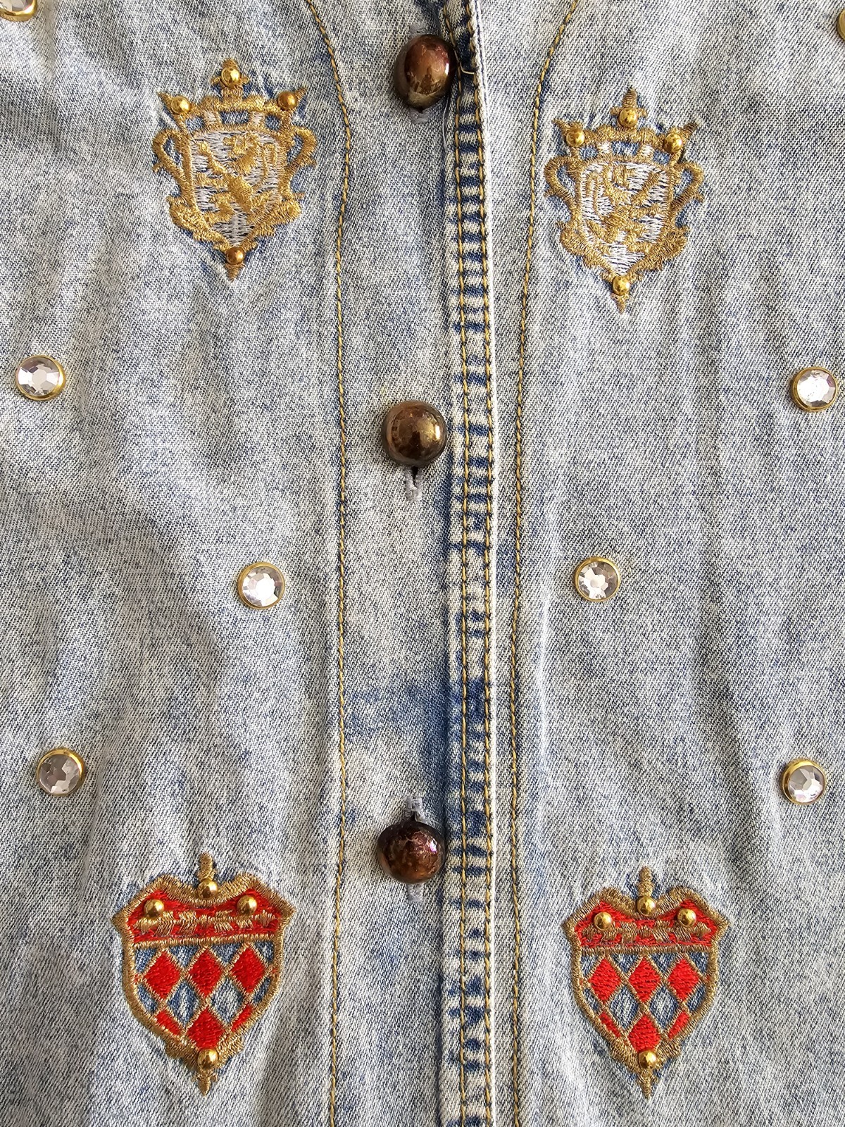 Vintage 80s Medieval Denim Patch Blouse Womens Med Monique Fashions Button Up