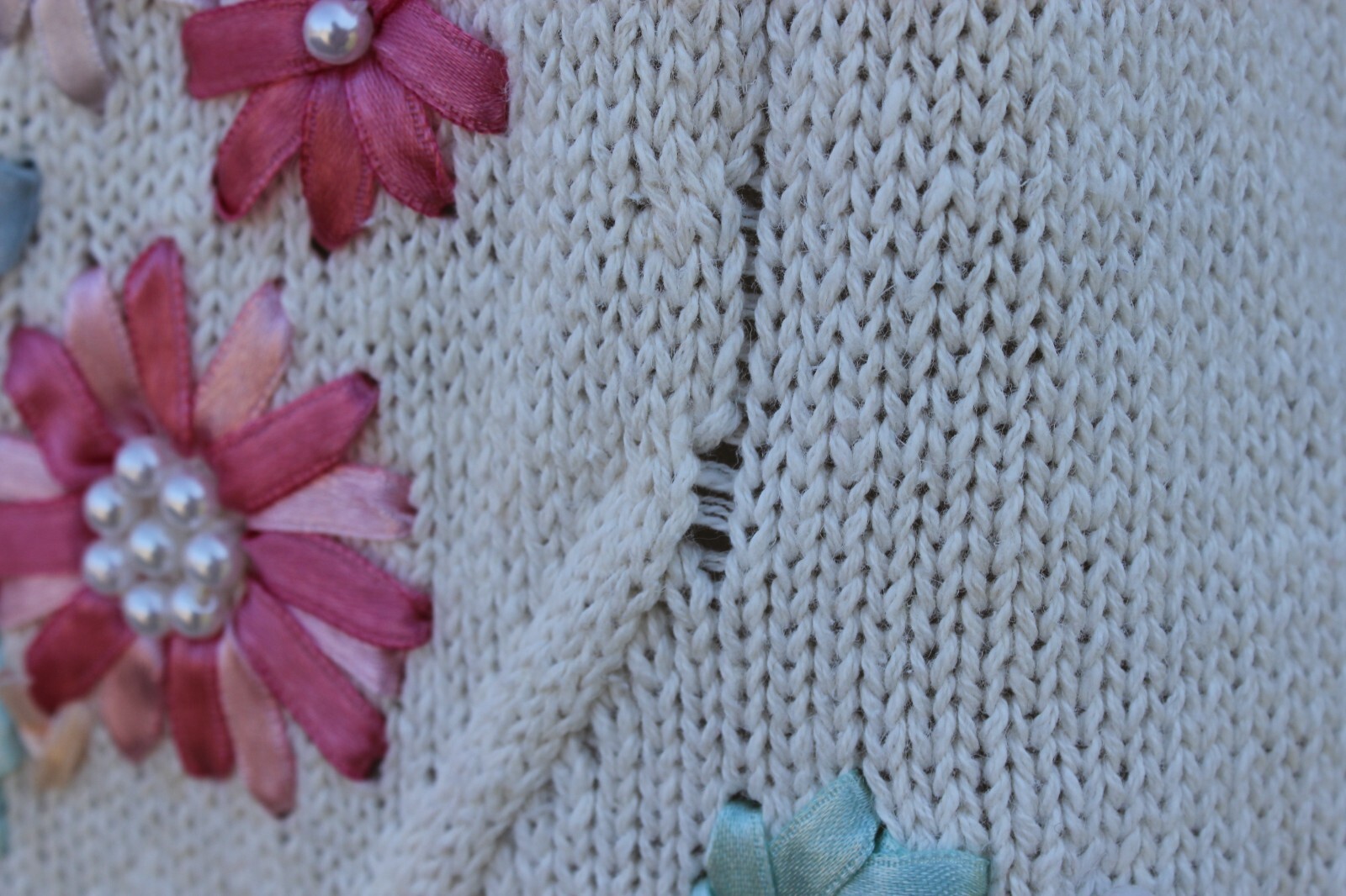 Vintage Sweater Womens Size M Beaded Ribbon Floral Embellished Garden Cervelle
