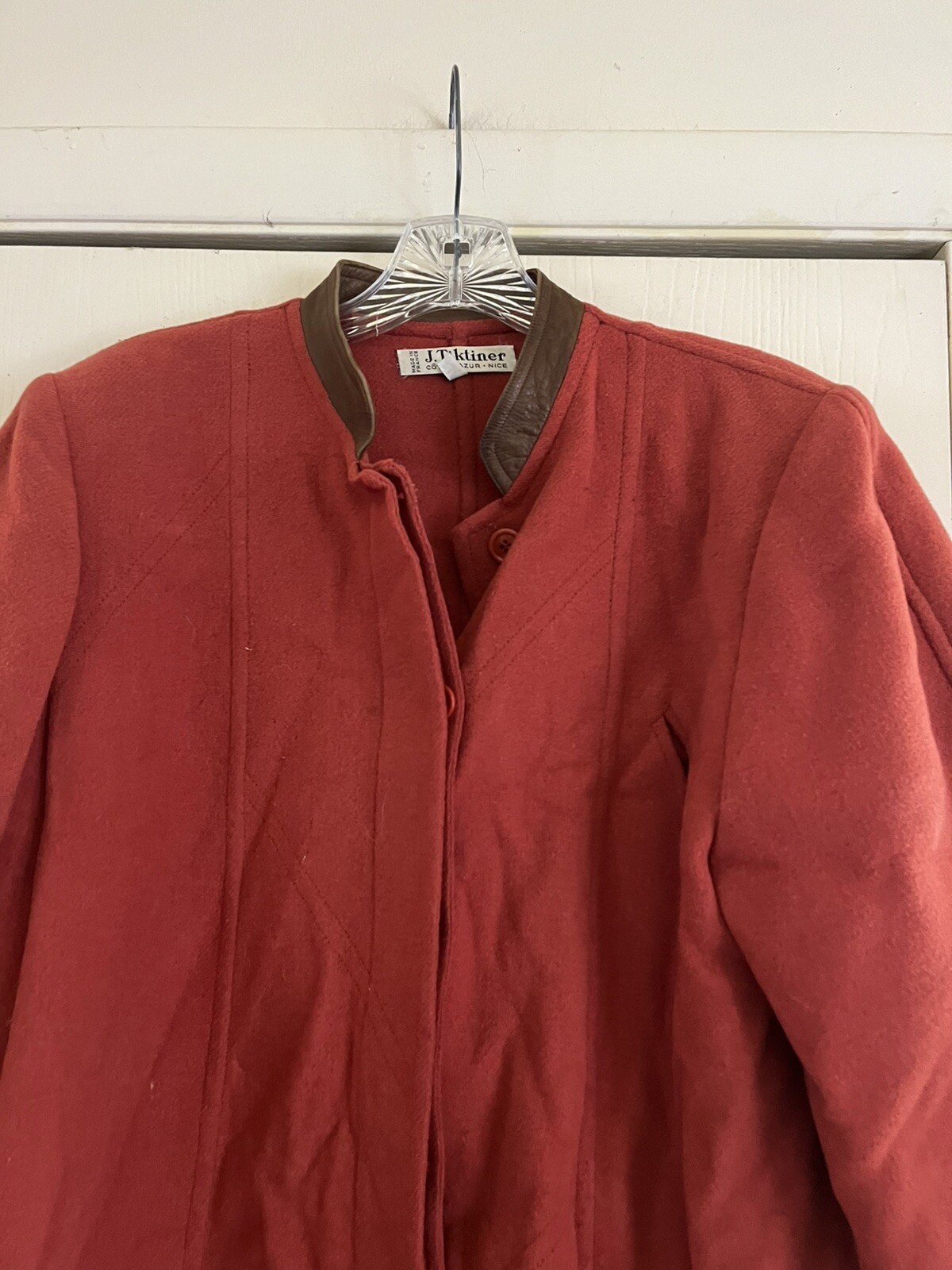 Vintage Wool J. Tiktiner Made In France Button Front Leather Collar Coat L