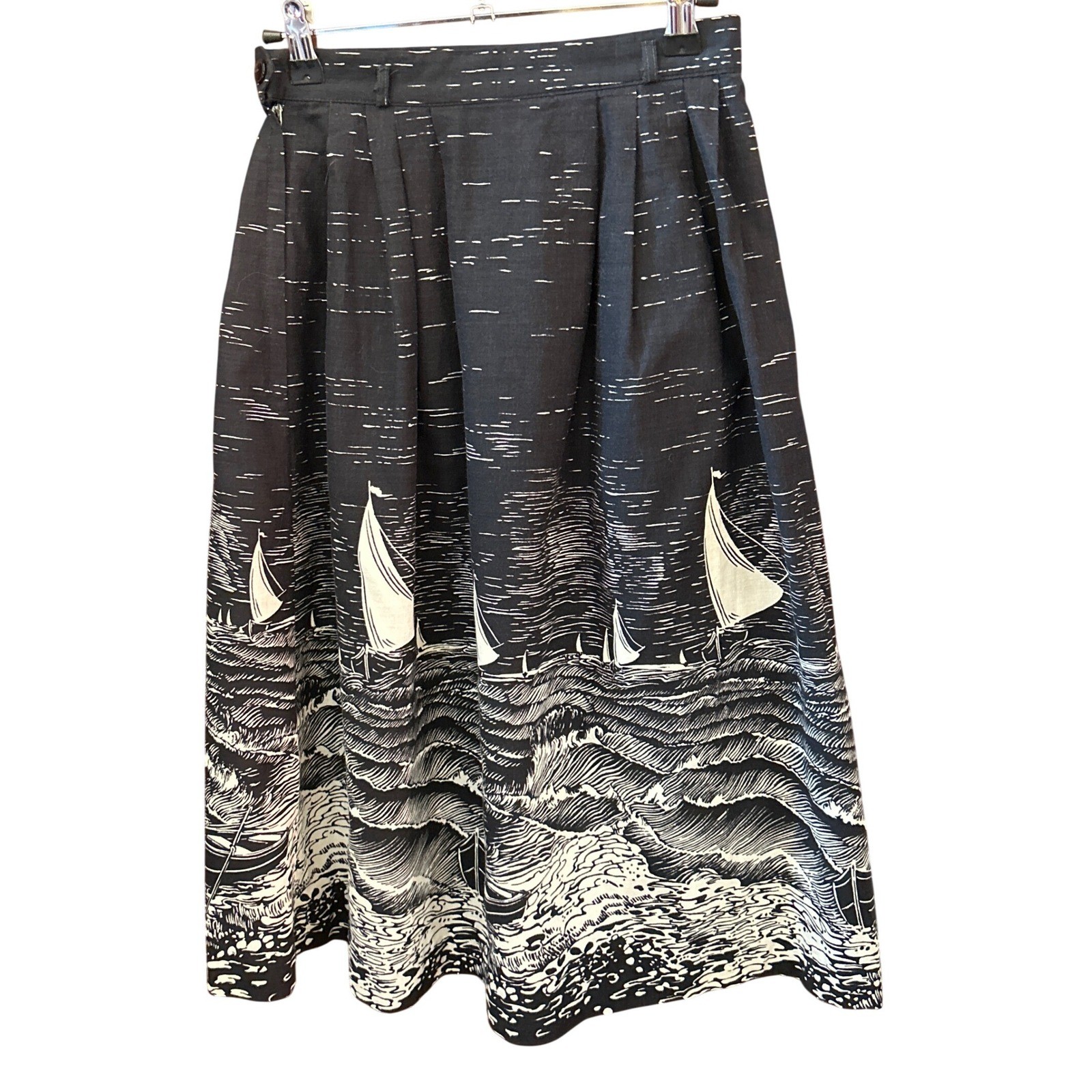 Vintage JCPenney Fashions Midi Skirt Nautical Coastal Sailboat Woodcut Print