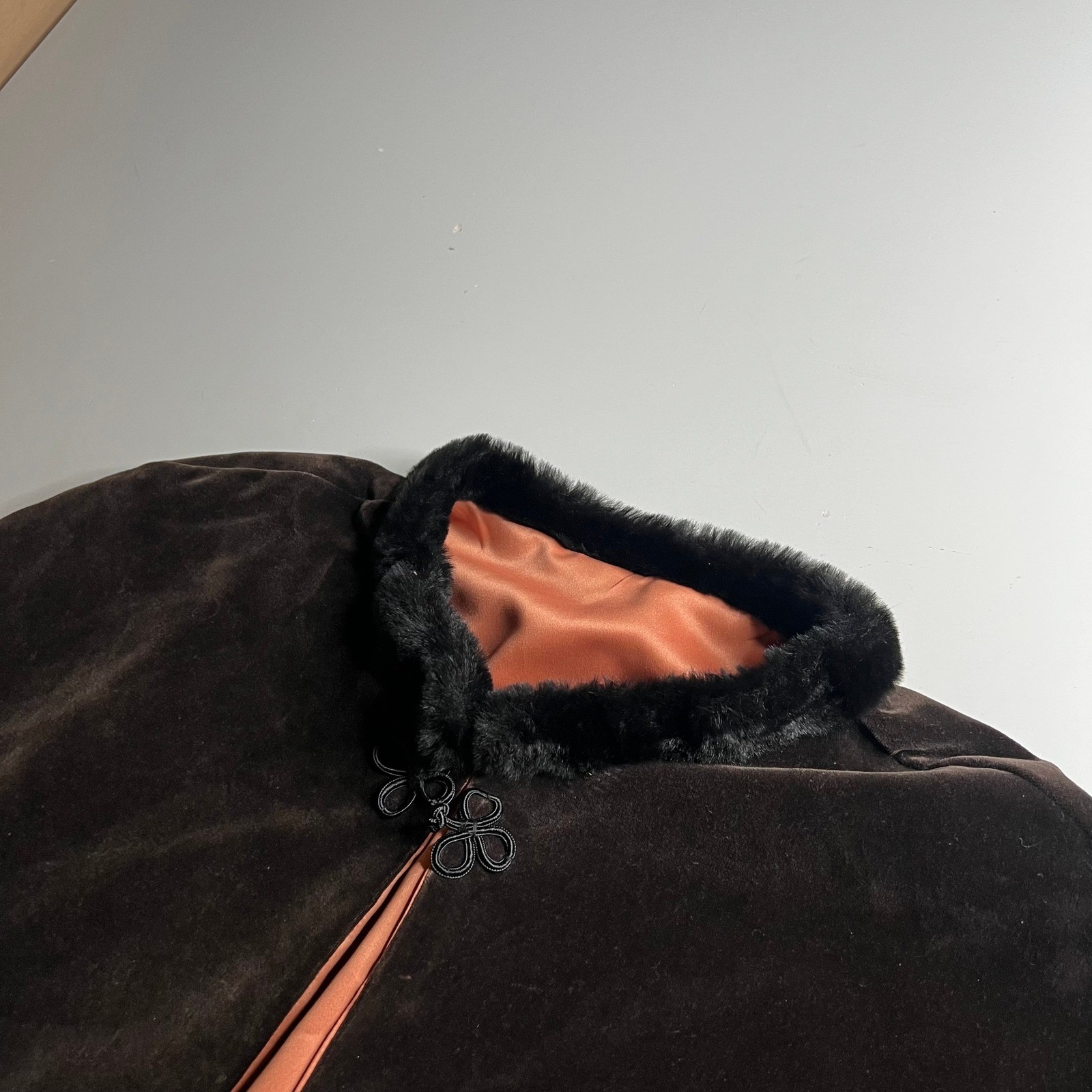 Vintage Brown Velvet Evening Cape Faux Fur Collar Frog Closure 1950s 1960s Wrap