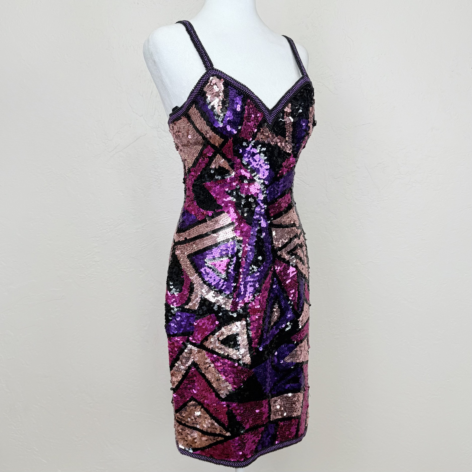 Vintage 1980s Silk Multicolor Fully Sequined & Beaded Dress by Susan Rose Size 8