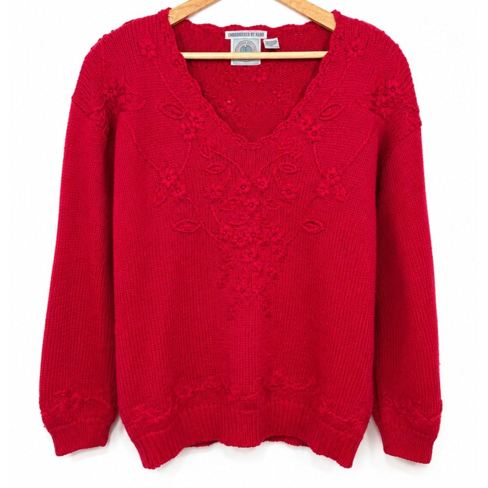 Vintage Cape Isle Knitters Hand-Embroidered Ramie Cotton Floral Knit Sweater M
