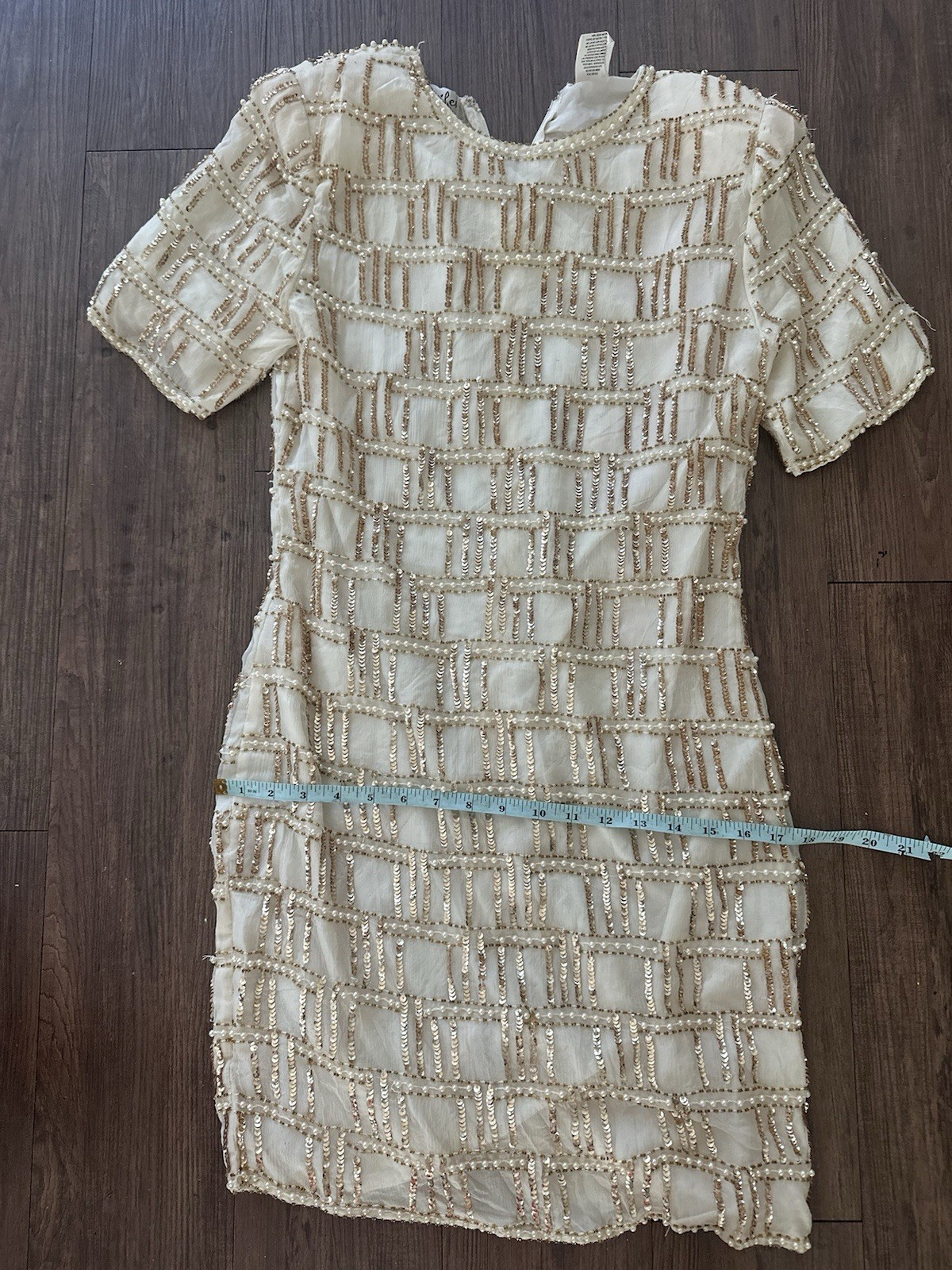 Vintage 90s Beige Silk Beaded Cocktail Dress Jennifer KVM M