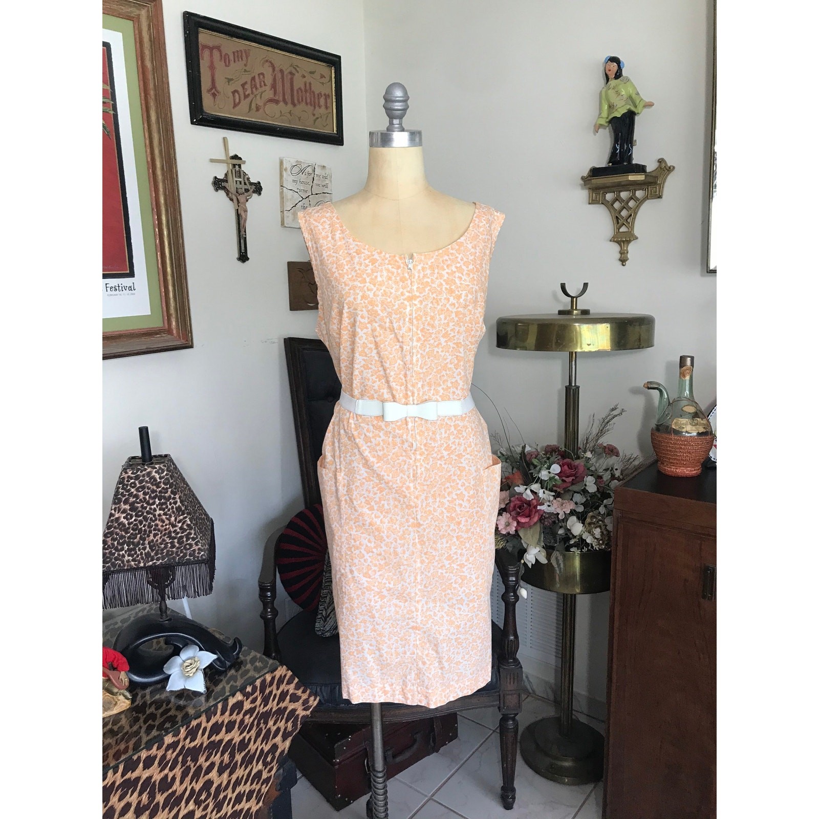 1970s Skimma Tangerine Creamsicle Floral House Dress Orange Metal Zipper