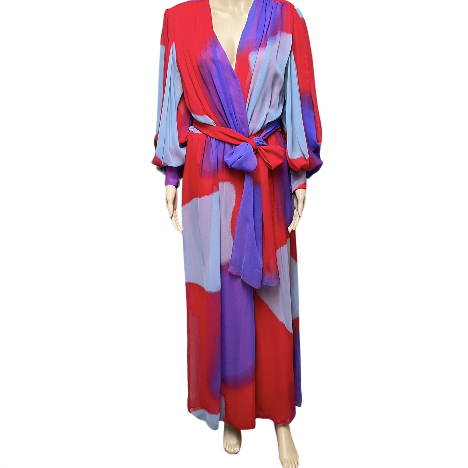 1970s Hanae Mori Chiffon Dress Belt Bright Colorful Abstract Print Maxi