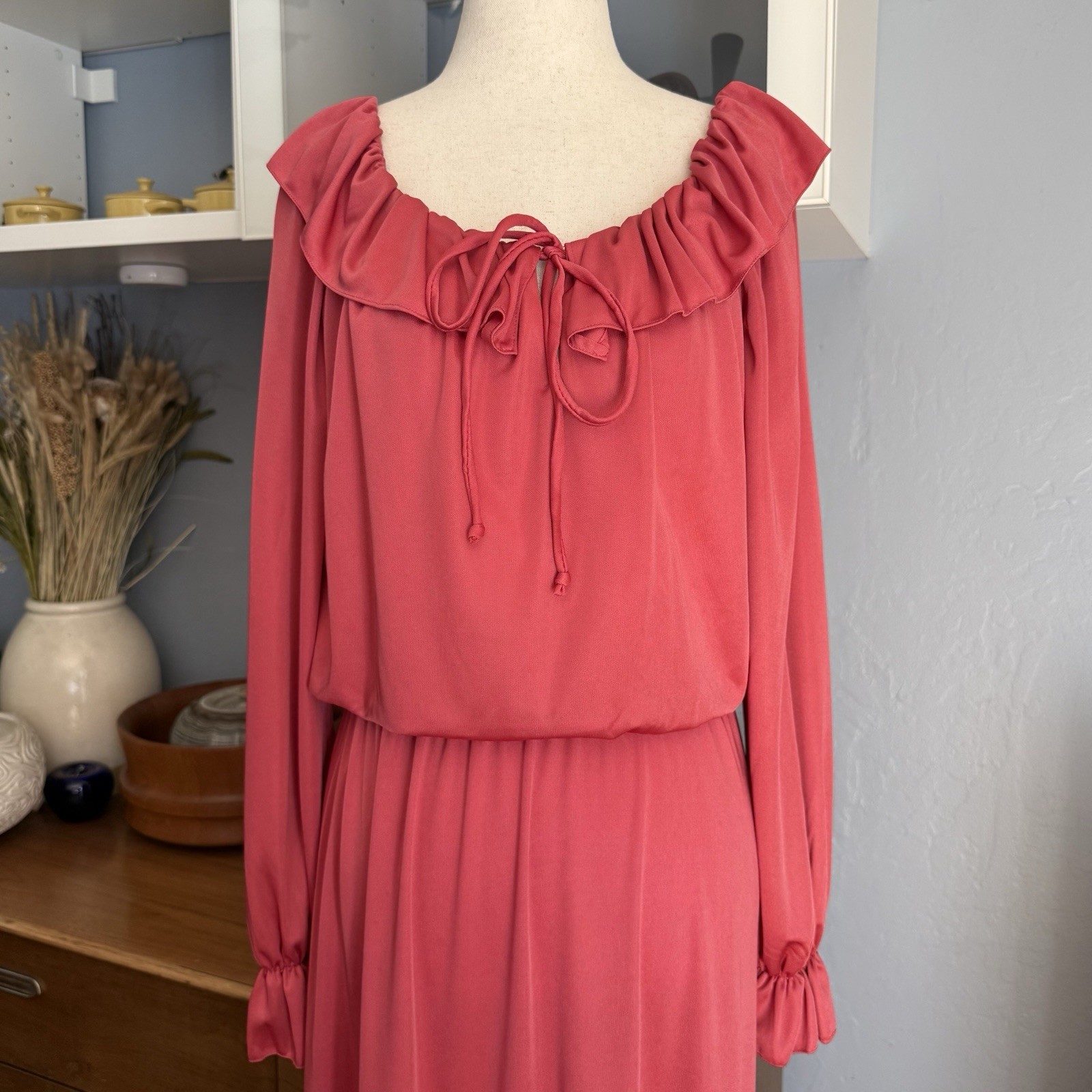Vintage 70s Shawn Originals Ruffle Trim Cinch Waist Maxi Dress sz M Pink Retro