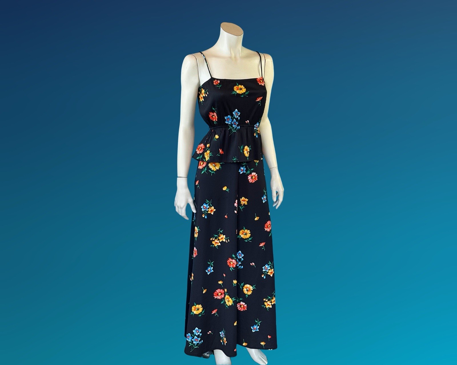70s Boho Black Floral Print Peplum Maxi Sundress / S XS