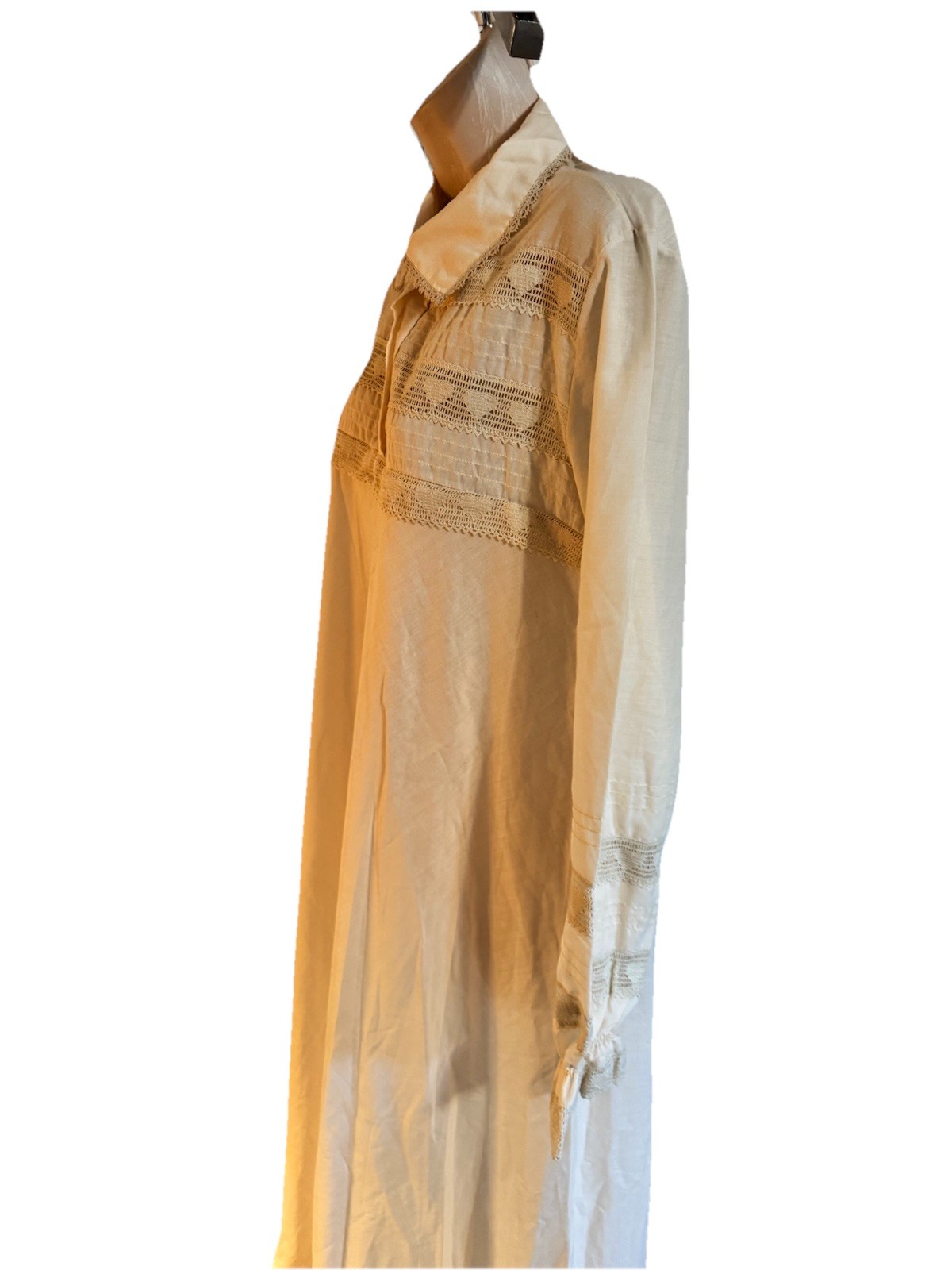 Vintage Victorian Lawn Nightgown Almond Beige Cotton Collar Lace long sleeve M/L