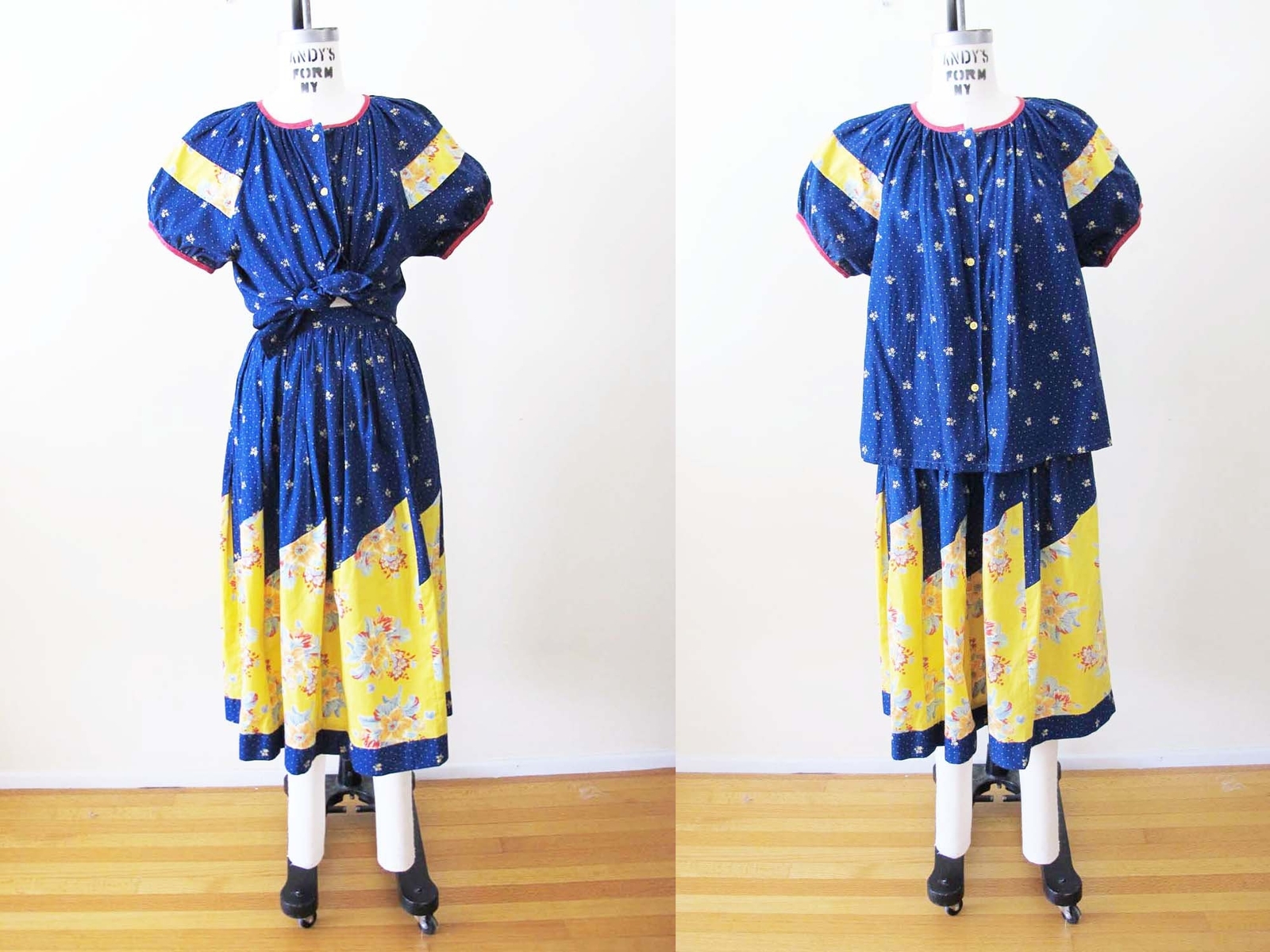 Vintage Anastasia Paris 2 Piece Peasant Blouse Skirt Set S – 80s Blue Yellow