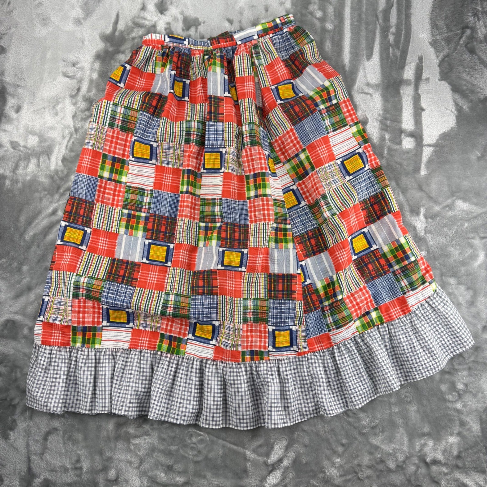 Vintage 70’s Patchwork Plaid Ruffle Midi Skirt Boho Romantic Folk, High Waist
