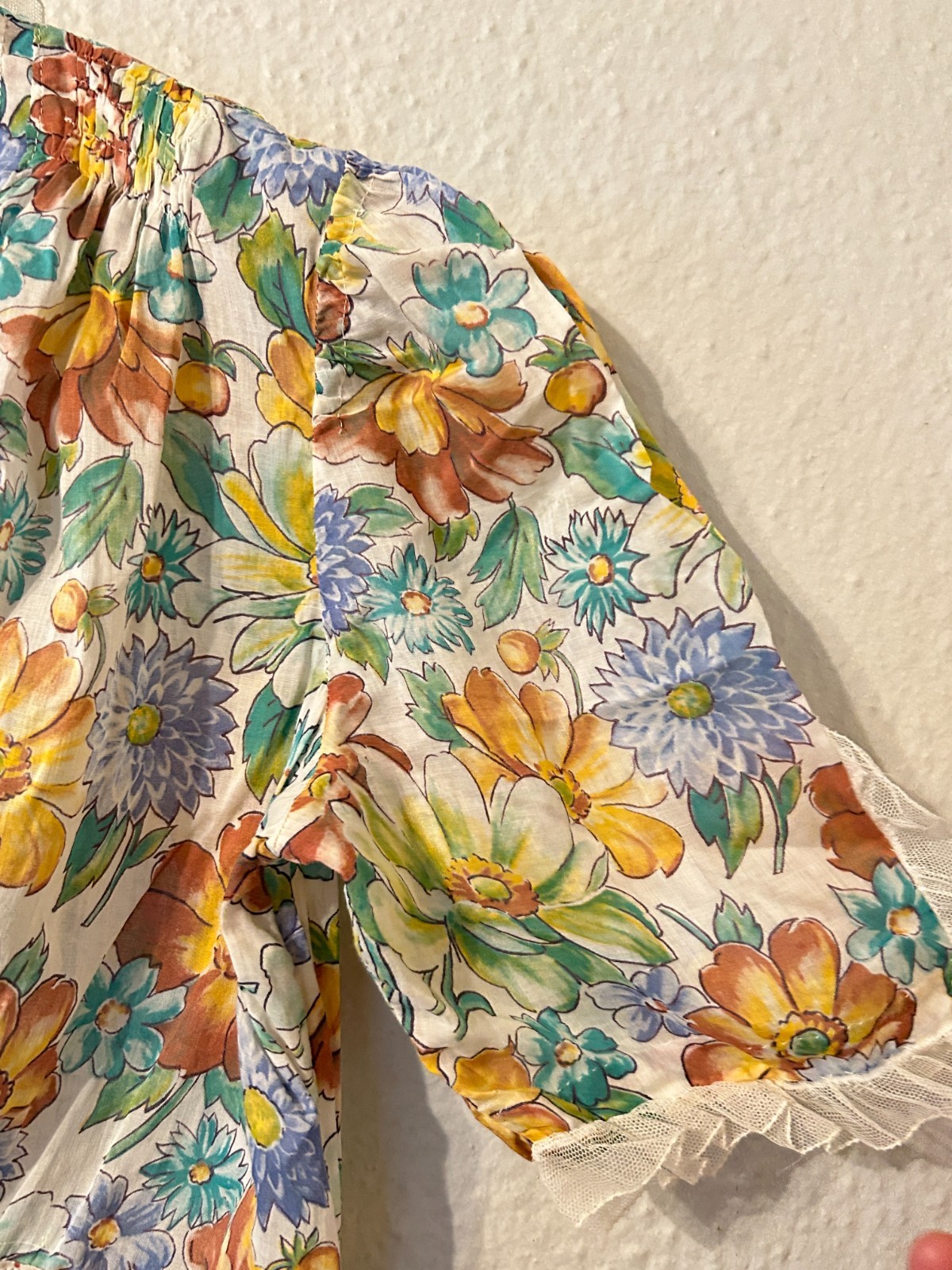 Vintage 1930’s Womens Sz M/L Colorful Floral Day Dress Ruffle Trim Cotton Voile