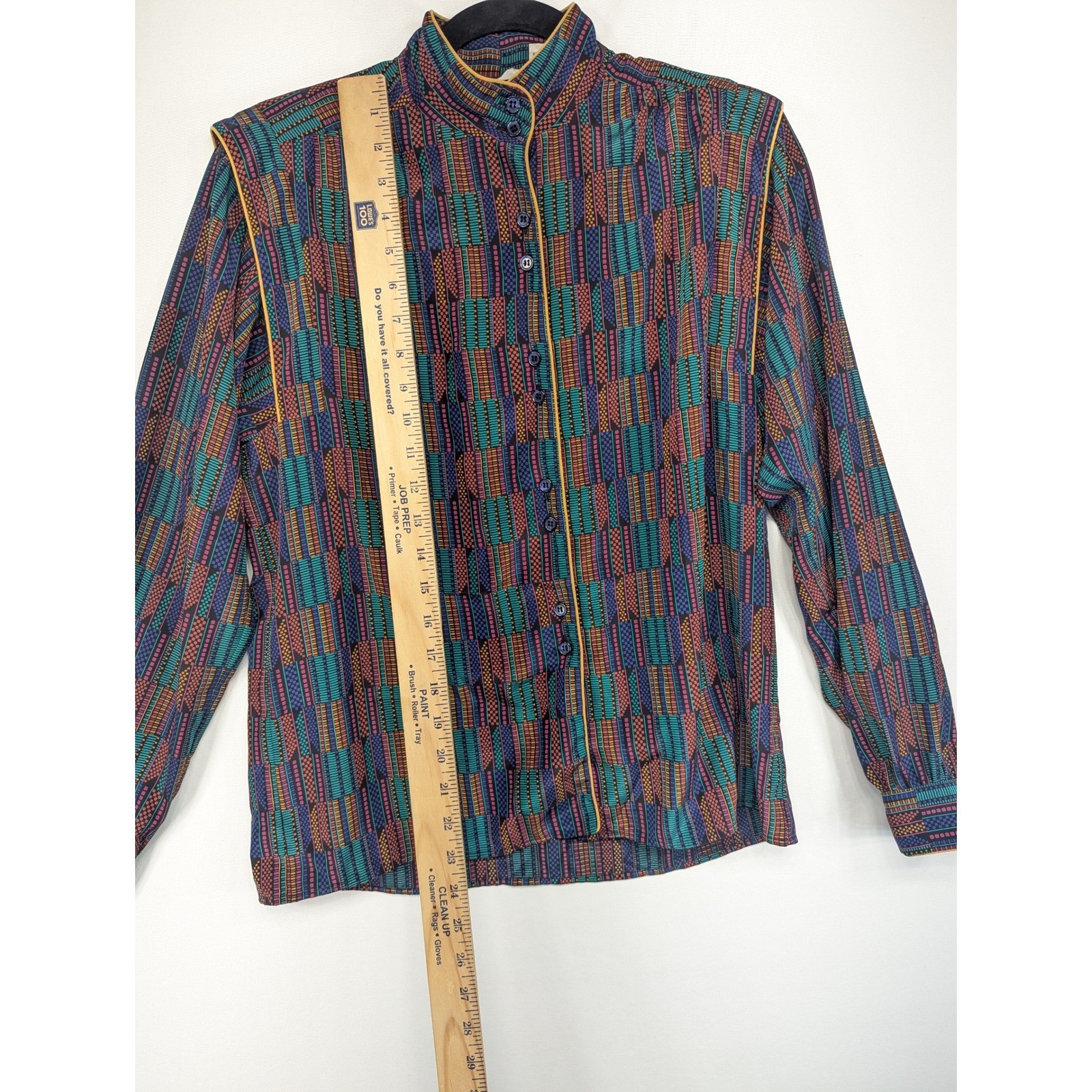 Vintage Jaymee Papell Geometric Print Blouse Mandarin Collar Button Up Size 6