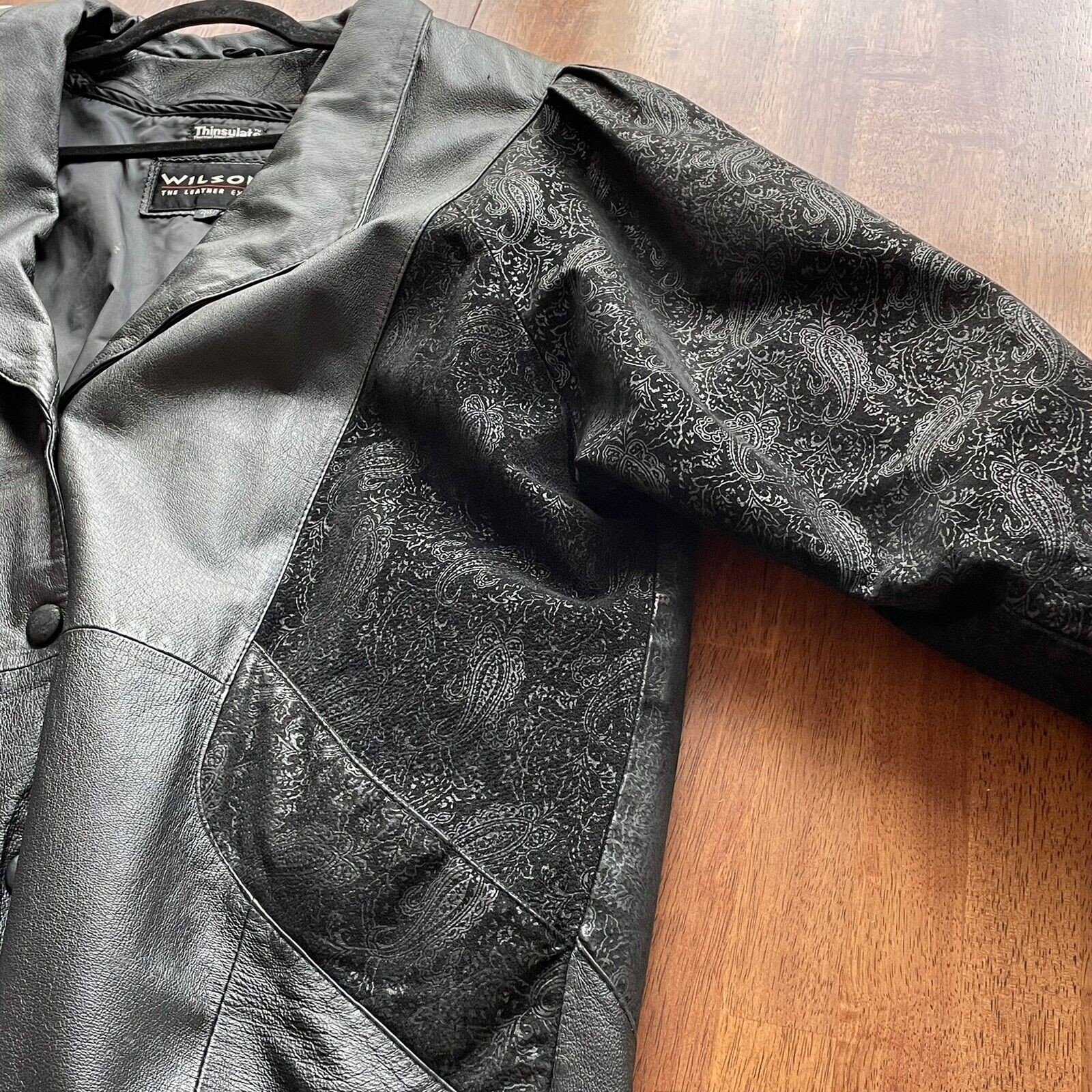 VTG Leather Coat Jacket Puff Paisley Embossed Sleeves Thinsulate Black Women’s L