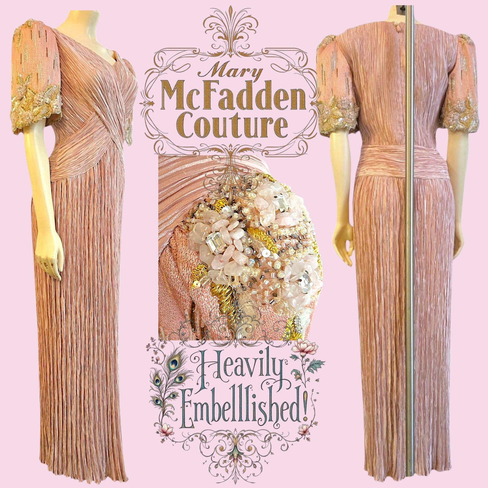 Vintage Mary McFadden Couture Fortuny Style Pleated Gown Blush Nude Pink Small