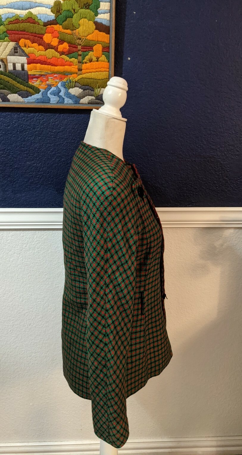 VTG Carlisle Green Red Plaid Collarless Blazer Jacket 100% Wool Sz 6 Small S