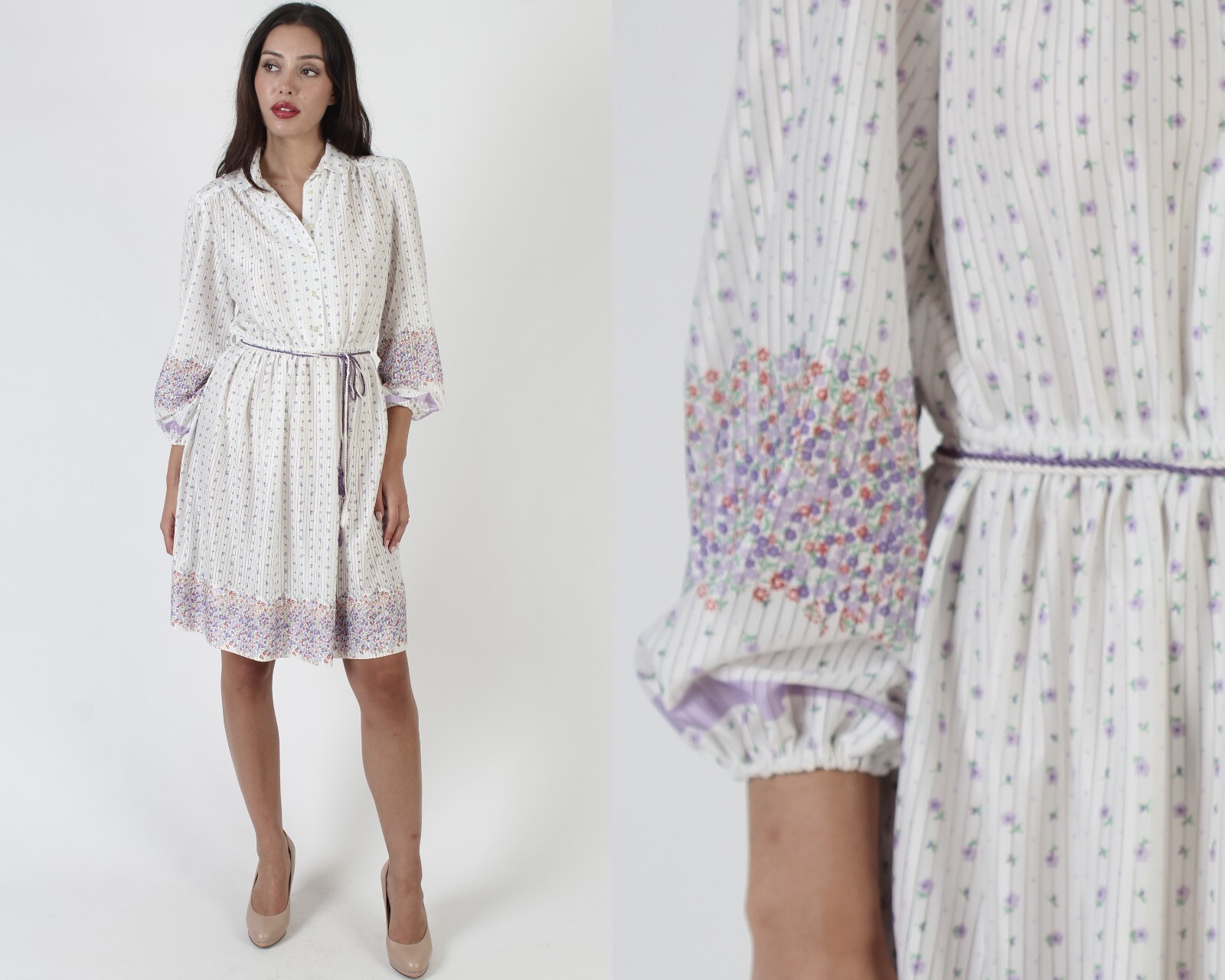 Vtg 70s Floral Sundress Matching Rope Tie Belt Lightweight Casual Sun Mini Dress