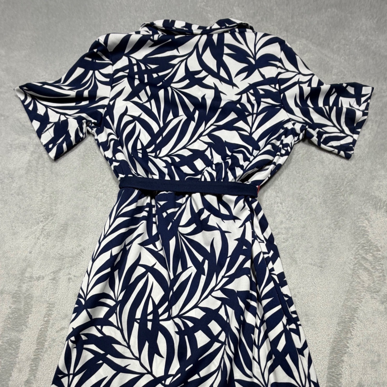 Vintage 80s Navy Blue White Leaf Print Midi Shirt Dress Size M 14 Coastal USA