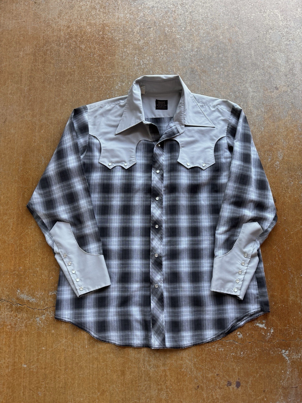 VTG 70s Sears Shadow Plaid Western Pearl Snap Cowboy Button Up Shirt Light (L)
