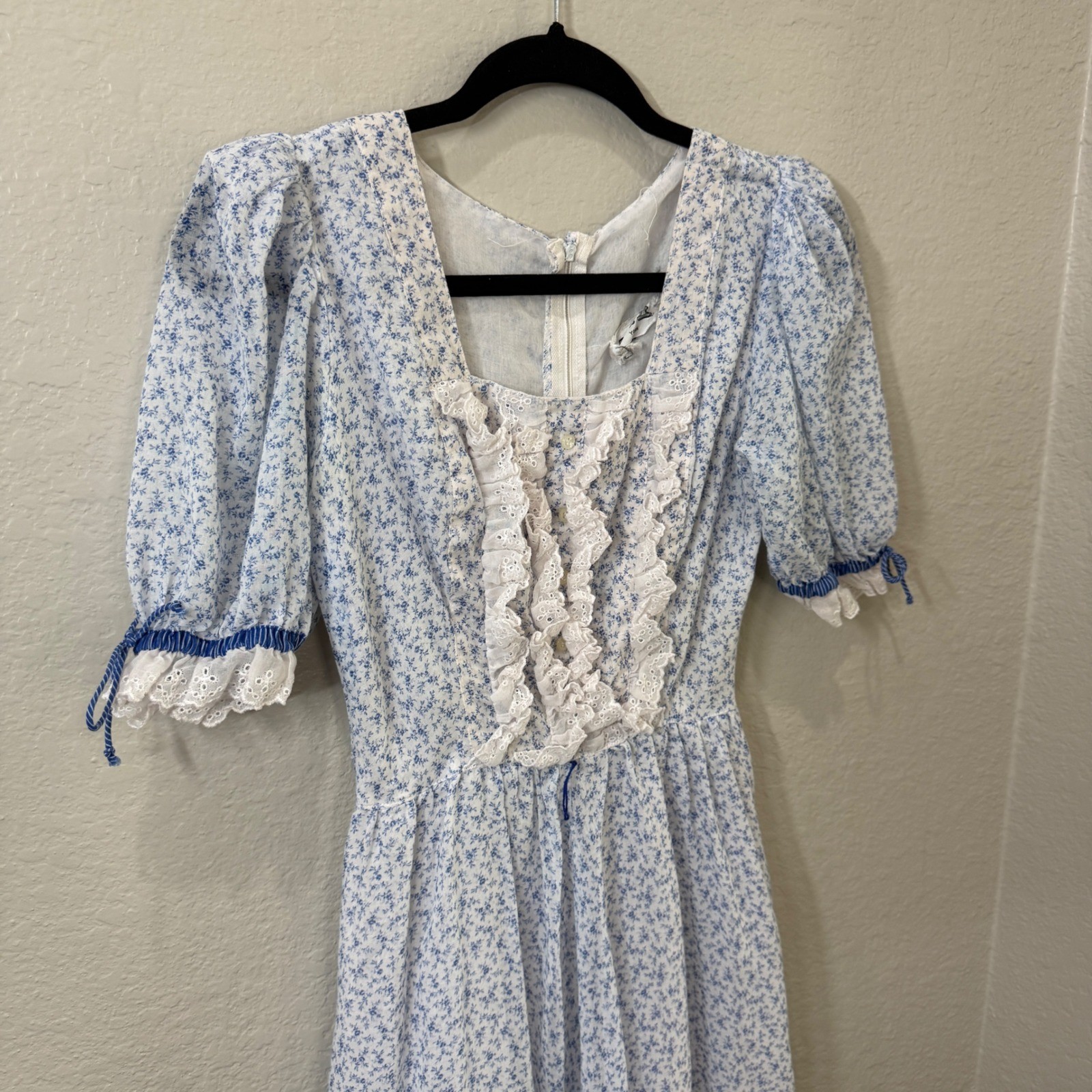 Vintage ACT I New York Floral Cottagecore Midi Prairie Dress Blue White Lace XS
