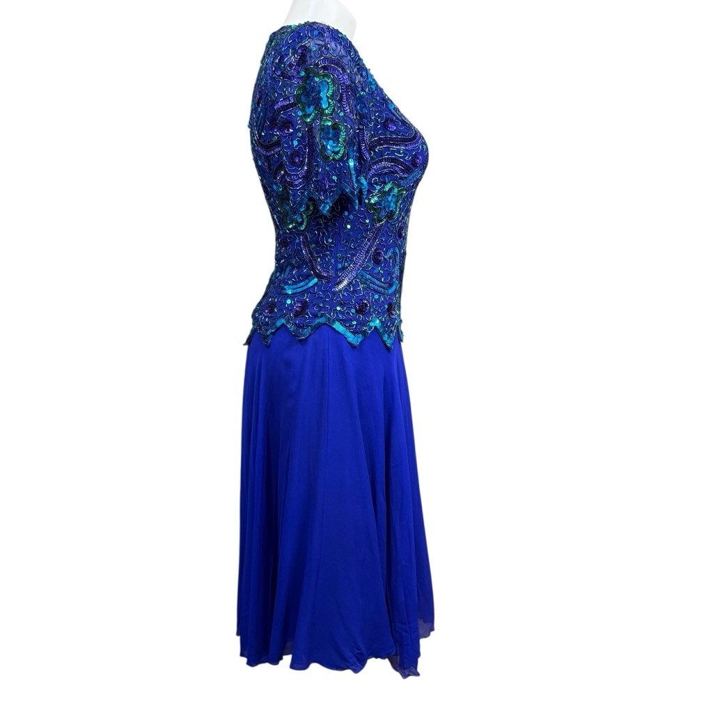 Vintage Brilliante by J.A. Silk Beaded Sequin Evening Gown Blue Purple Green Wom