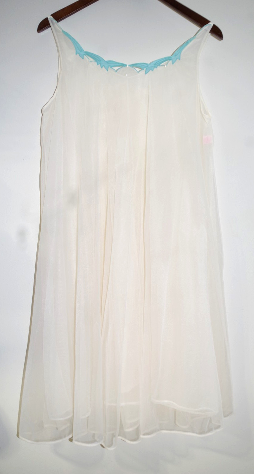 K Vintage Yolande M Off White & Aqua Openwork Pearls Chiffon Nylon Nightgown
