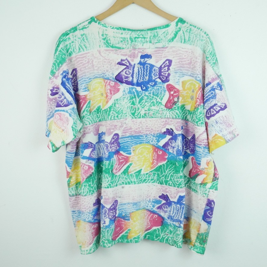 Vintage 90s Fish Print Tropical T Shirt Glitter Surf AOP 80s Beach Multicolor OS