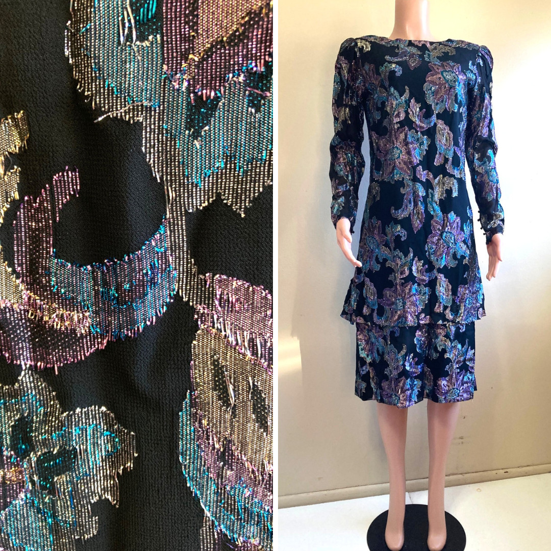 Vintage 80s Retro Flapper Midi Dress M Ursula Switzerland Iridescent Lurex Black