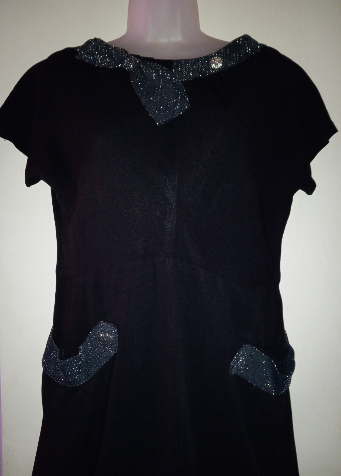 Vintage 40s Black Rayon Rhinestone Dress Metallic Net Collar Pockets Side Zip L