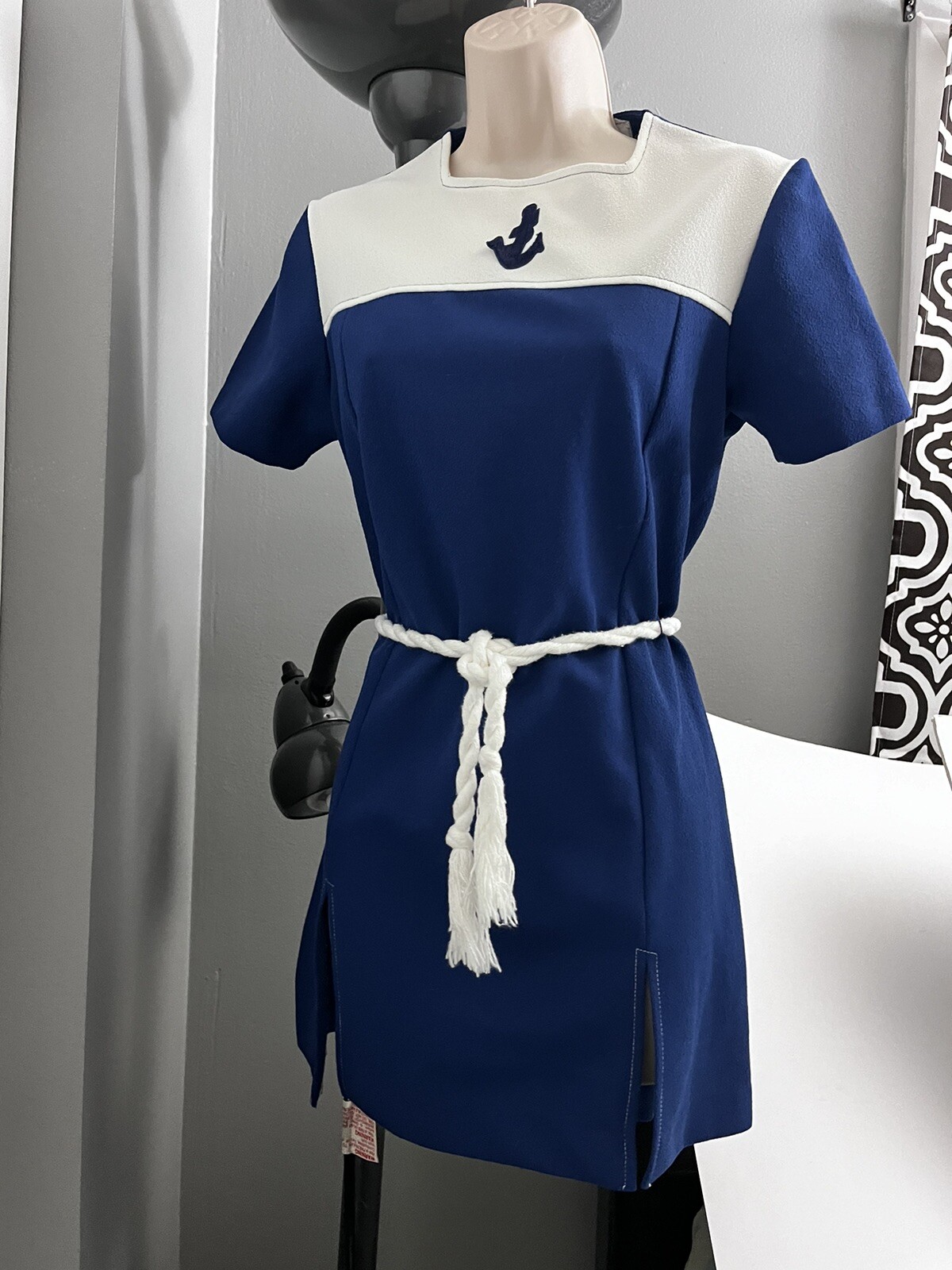 1970s Retro MINI DRESS-Navy Look-Anchor Motif-Side Slits-Braided Rope Belt-Sz 8?