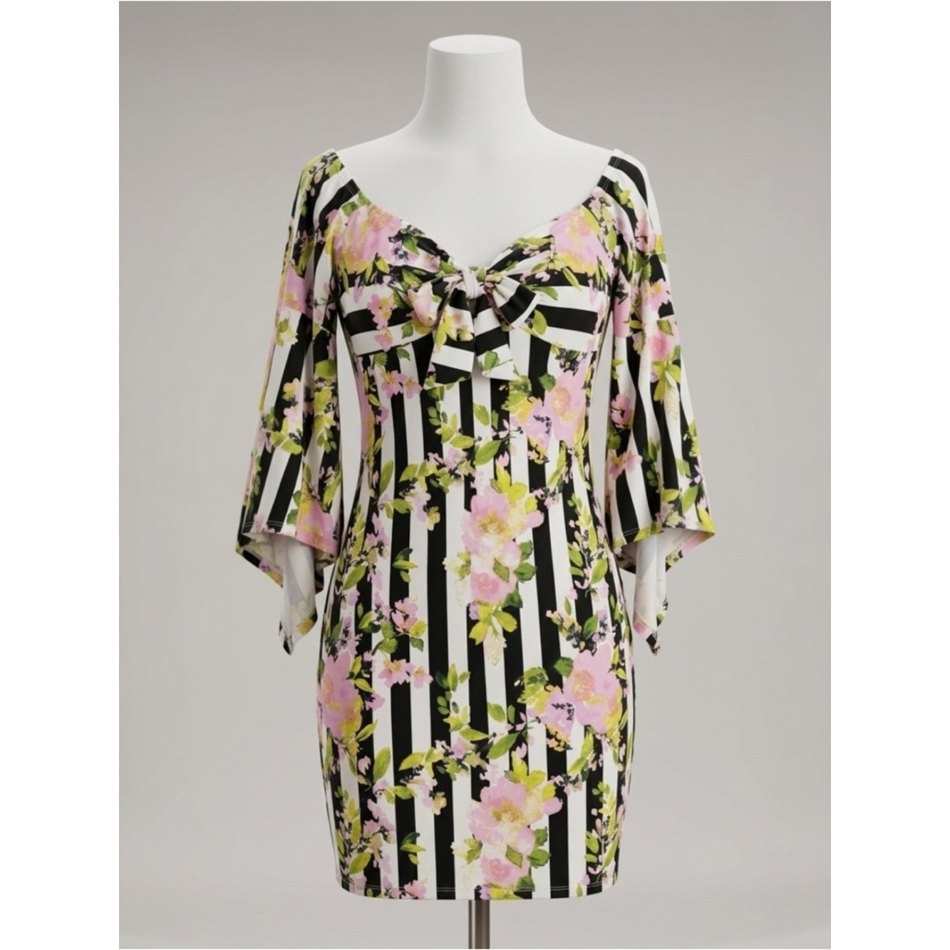 Venus Floral Stripe Tie Front Flutter Sleeve Party Dress Size Large