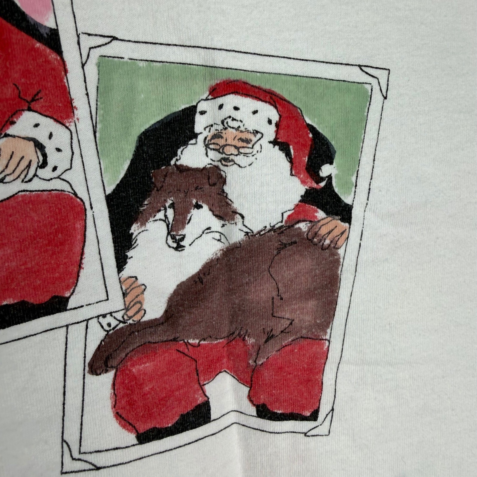 Vintage Diane Wat Hand Painted Christmas Dogs Santa T-Shirt White One Size