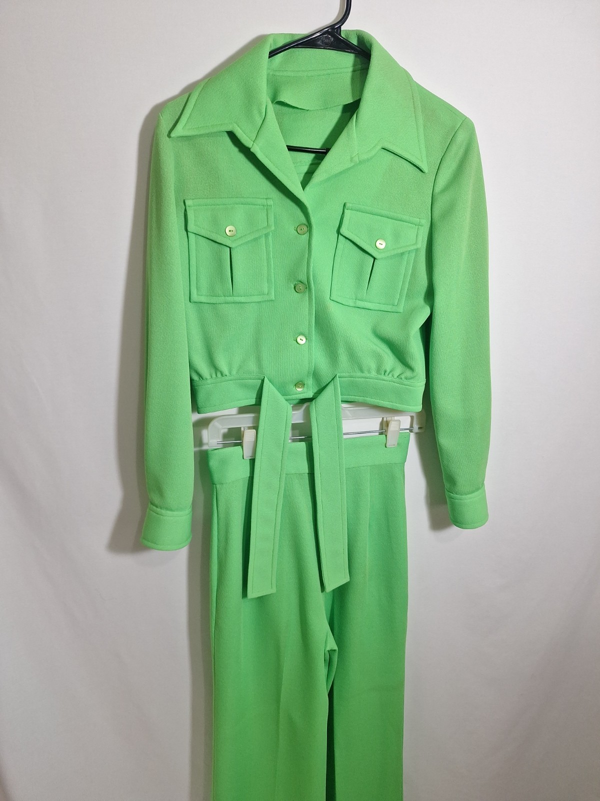 VTG 70s Lime Green Leisure Suit Set High Waist Wide Leg Flares Cropped Jacket S