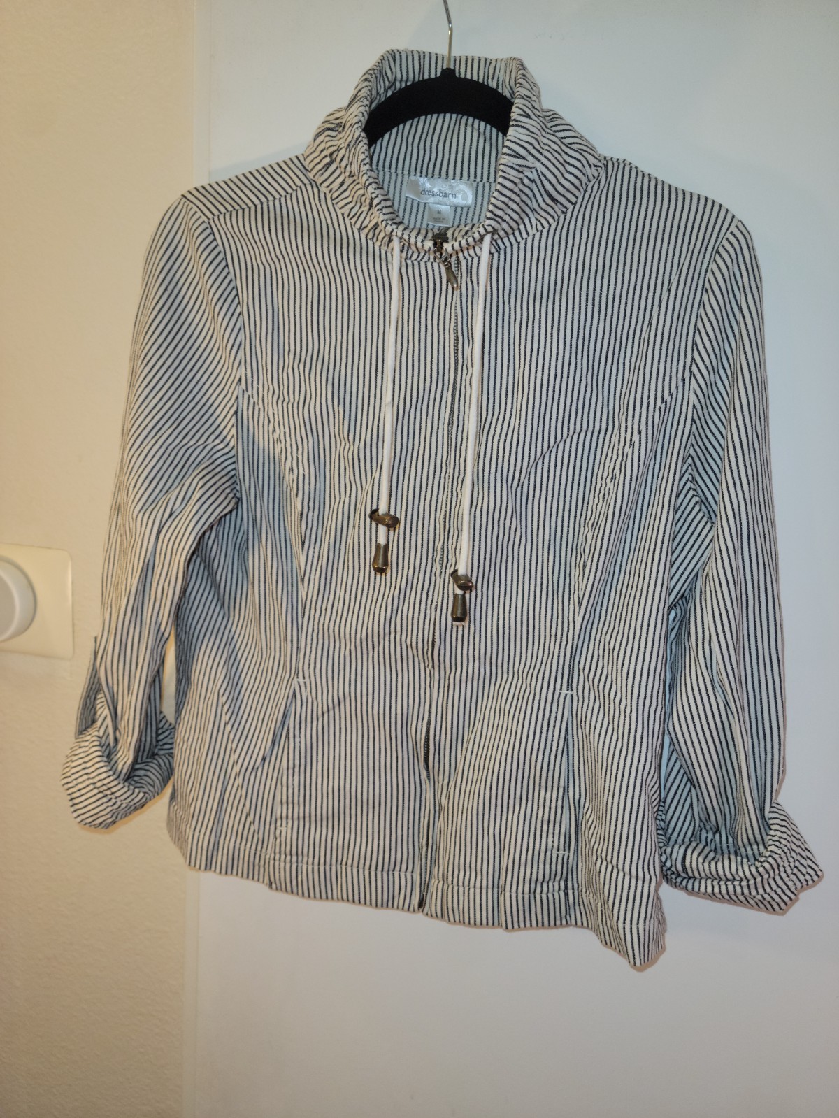 1990s Dress Barn, Jacket, Women’s Medium, Blue and White Striped, Cotton/Spandex