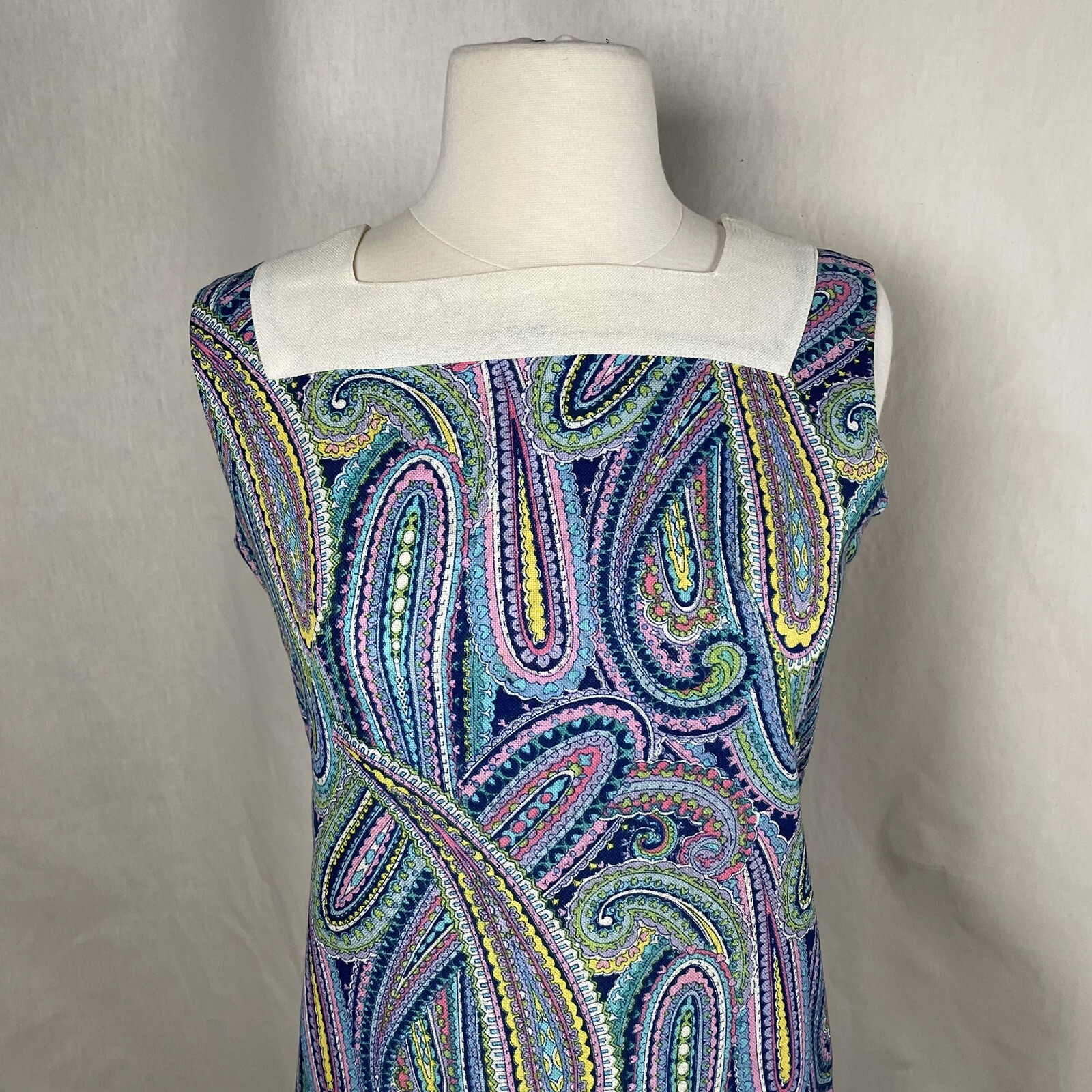 Paisley Shift Dress Vintage 1960s XS Sleeveless Blue Purple Yellow Handmade