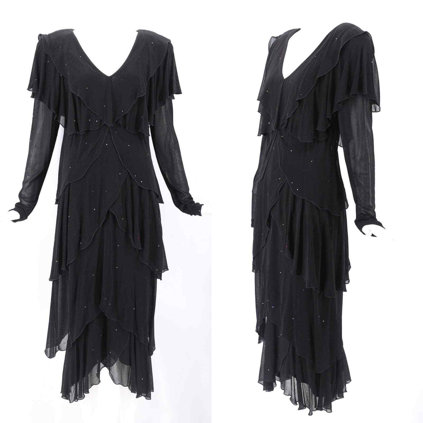 Vintage HOLLY HARP 80s black jersey tiered rhinestone dress vintage 1980s S