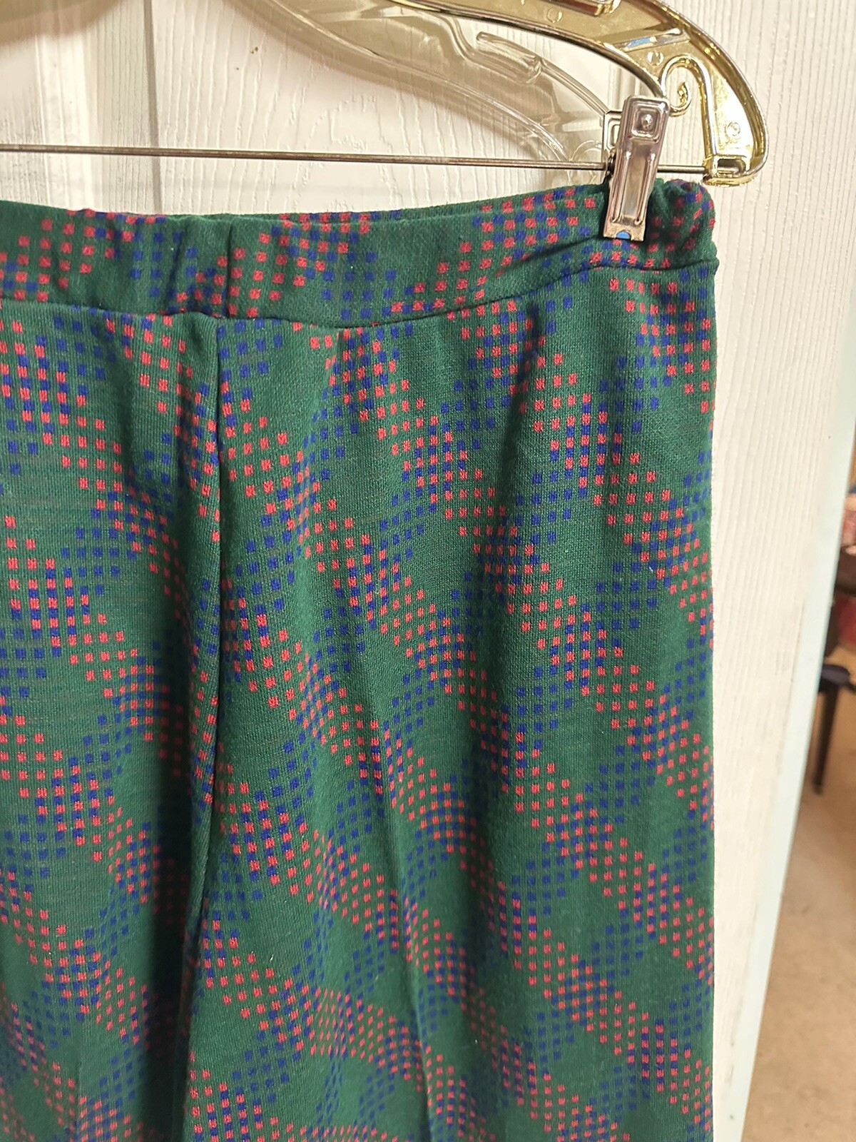 Vtg 70’s Pants 30×27 Wide Leg Flare Mod Disco Green Red Polyester Stretch Xmas
