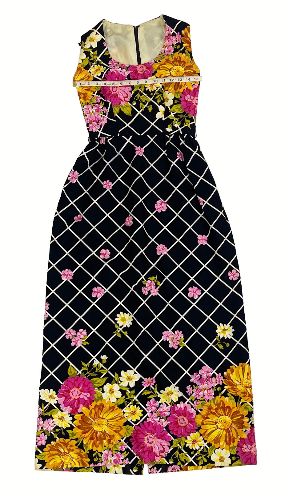 Vintage 1970s Floral Maxi Dress Pink Orange Border Print Black Sleeveless S
