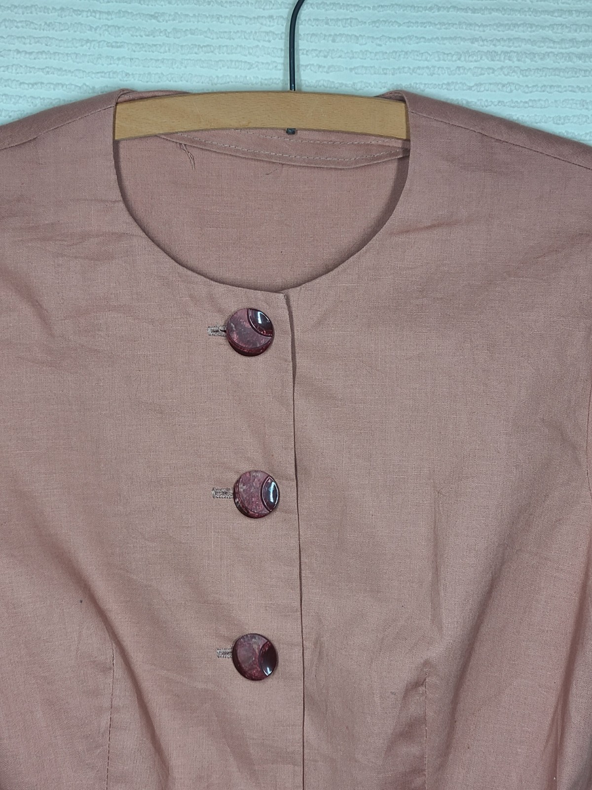 Vintage 50s Cotton Shirt S New Look High Neck Large Buttons Taupe Brown Retro