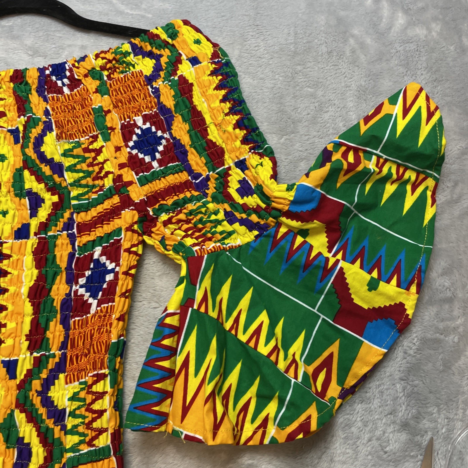 Vtg Smocked Kente African Maxi Dress Free Size World Dance Cultural Festival
