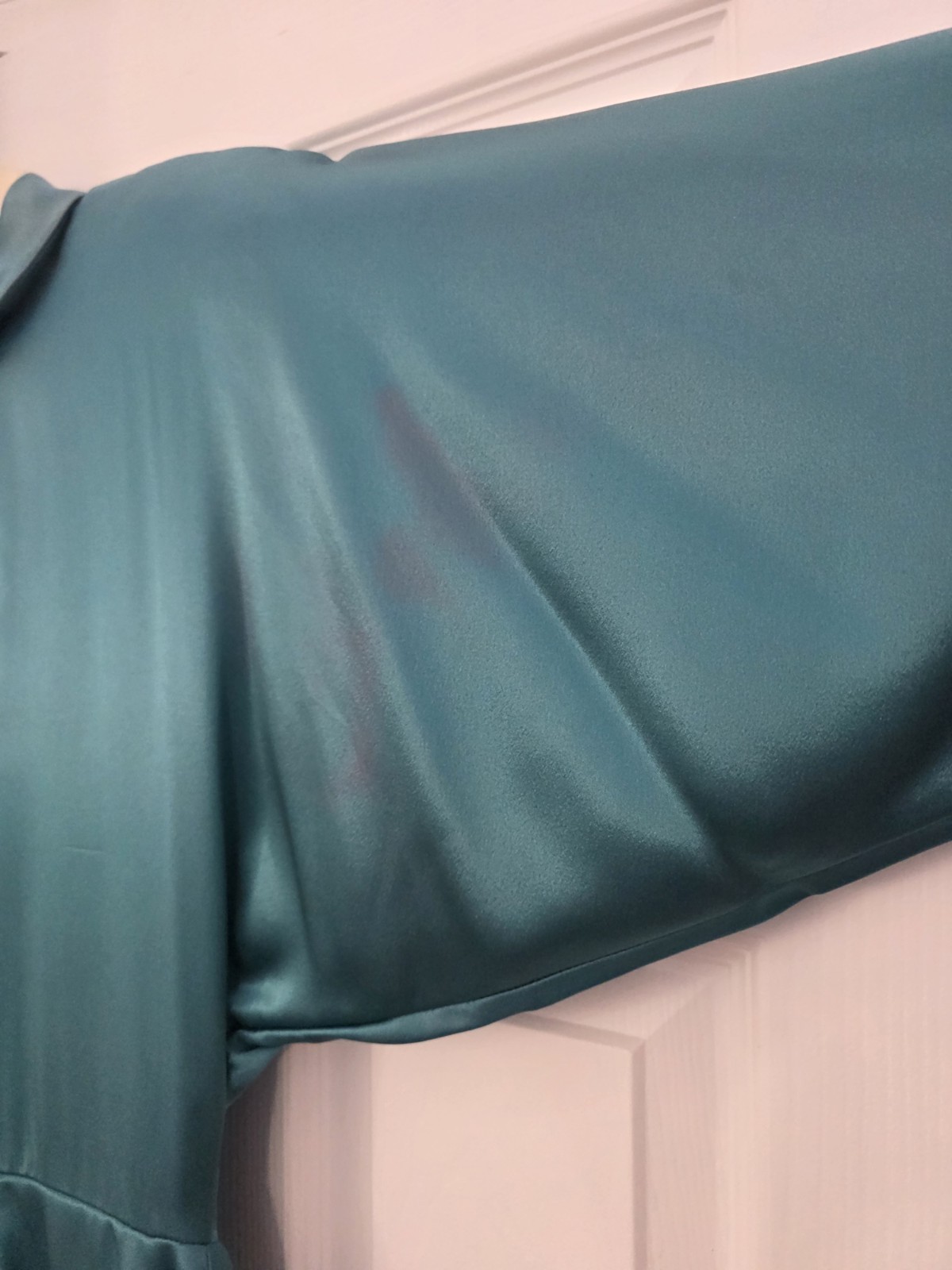 Unique Vintage 1980s Norma Kamali Green Satin Cocktail Midi Dress with Peplum